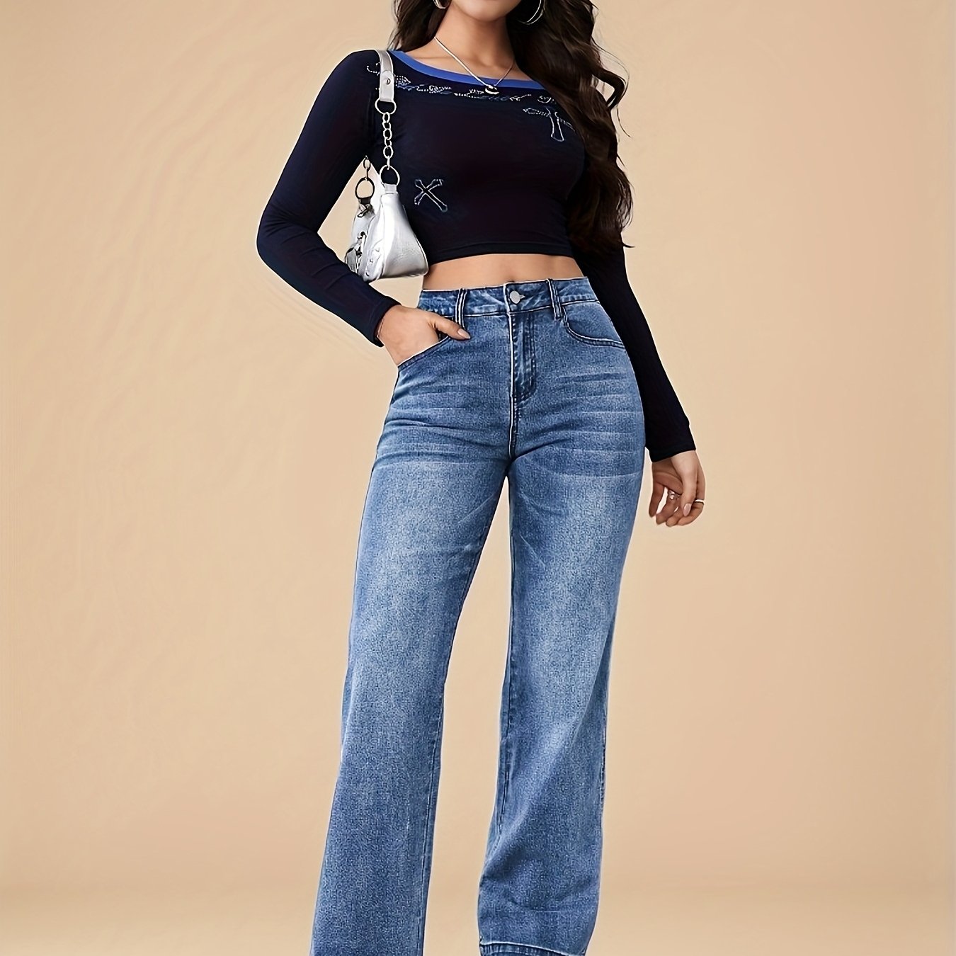 Jean droit stretch pour femme, pantalon décontracté bleu avec poches, confortable et élégant en toutes saisons, lavable en machine