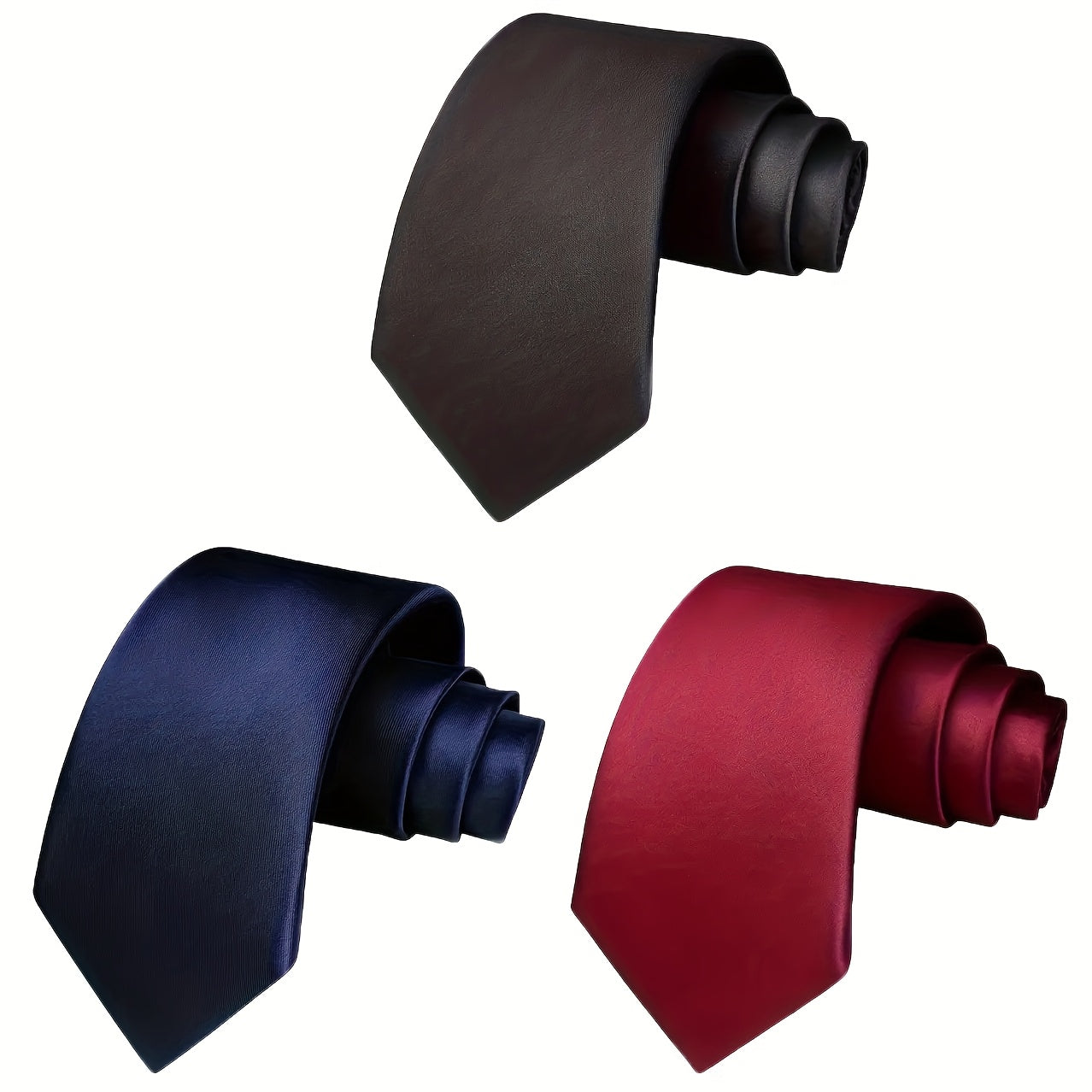 Lot de 3 Cravates Homme – Noir, Bleu Marine, Bordeaux, Style Slim Brillant