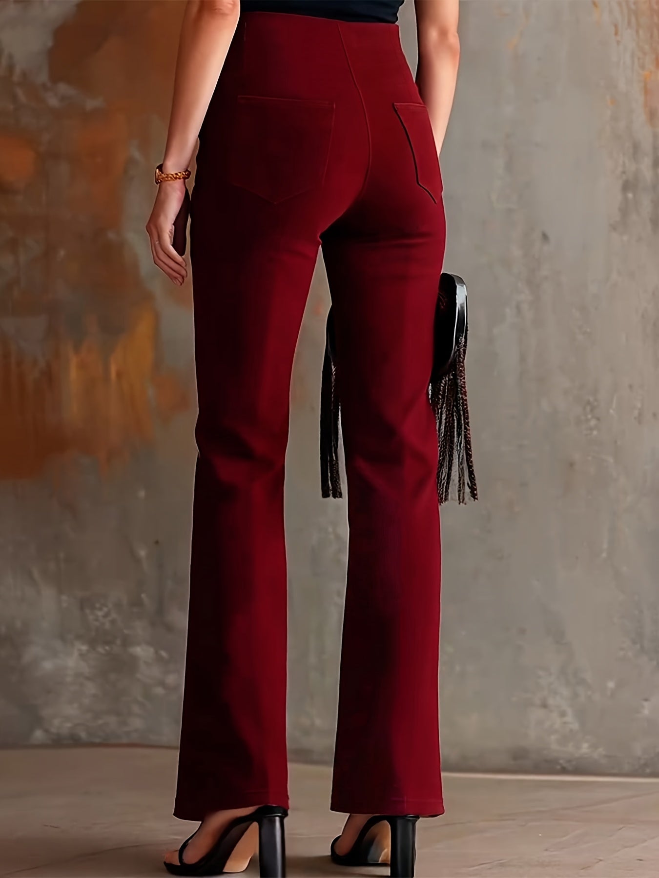 Pantalon Femme Bordeaux – Jambe Large, Taille Haute avec Boutons Blancs, Cheville Effilée, Tous Saisons