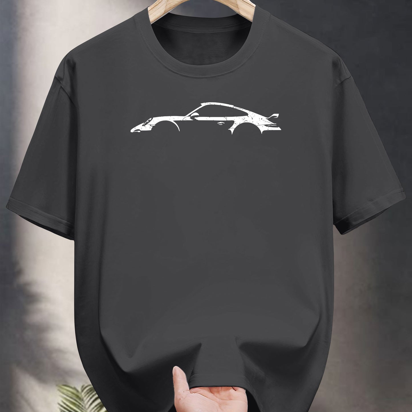 200g 100% Cotton Casual Short Sleeve T-Shirt with Car Graphic Print - Black Round Neck Summer Tee for Adults, Machine Washable