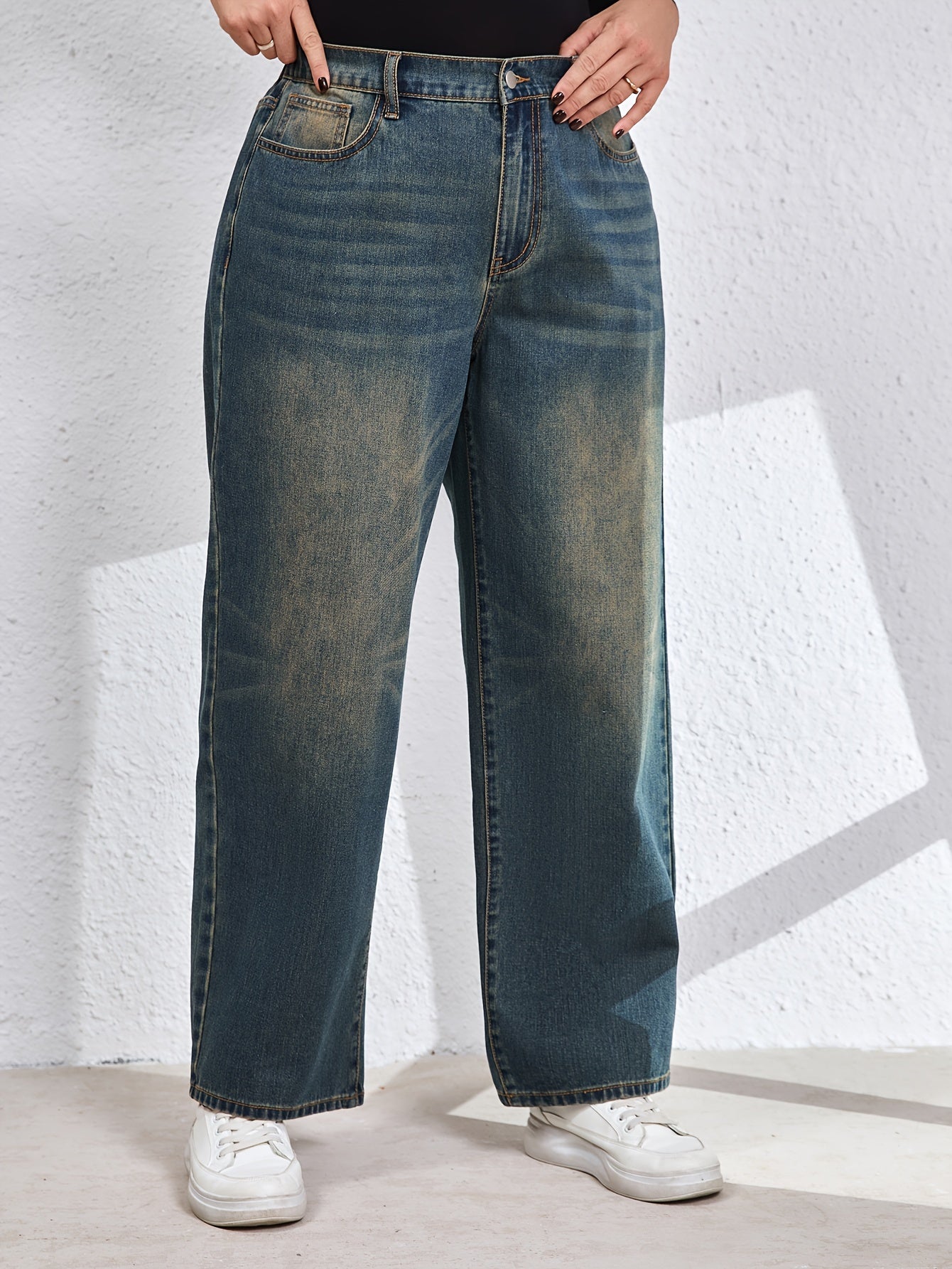 Jeans Femme  Vintage Effet Usé Jambe Droite Non Extensible Boutons Décontracté Automne/Hiver Streetwear Durable