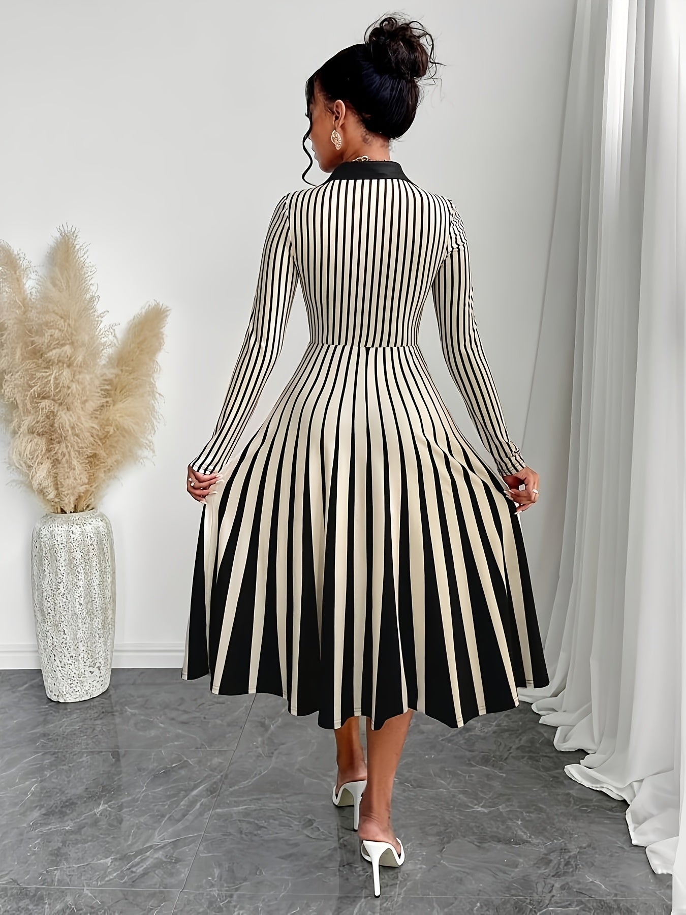 Elegant V-Neck Long Sleeve Geometric Stripe A-Line Dress - Black and White, Perfect for Spring/Fall Parties and Events, Party Dress|Striped Pattern|Vneckline