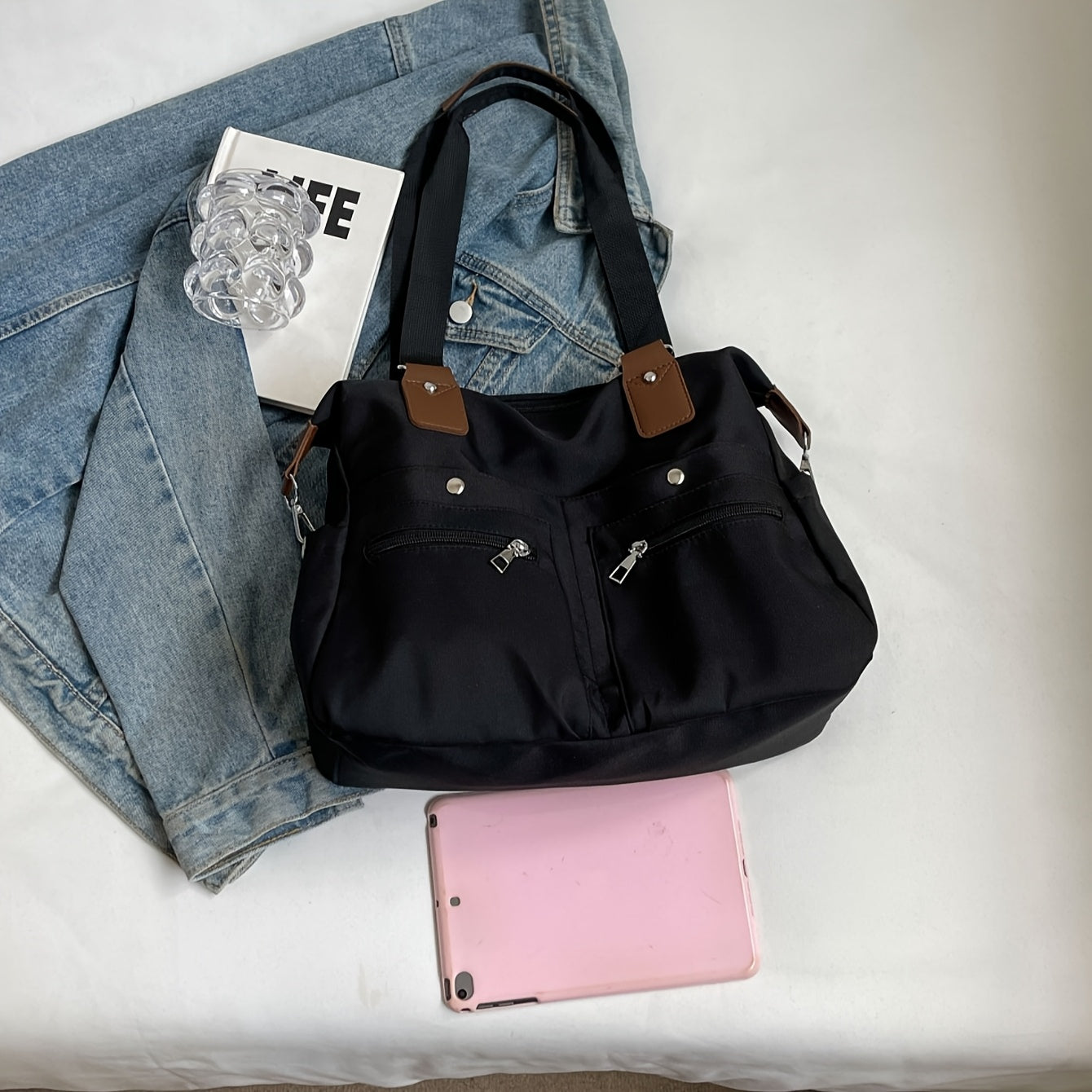 Sac Cabas Femme Grande Capacité à Multiples Poches – Bandoulière et Sangles Ajustables, Nylon Durable Noir, Idéal pour Étudiantes, Déplacements Quotidiens et Usage Décontracté, Sac Polyvalent avec Compartiments Spacieux, Fermeture Éclair