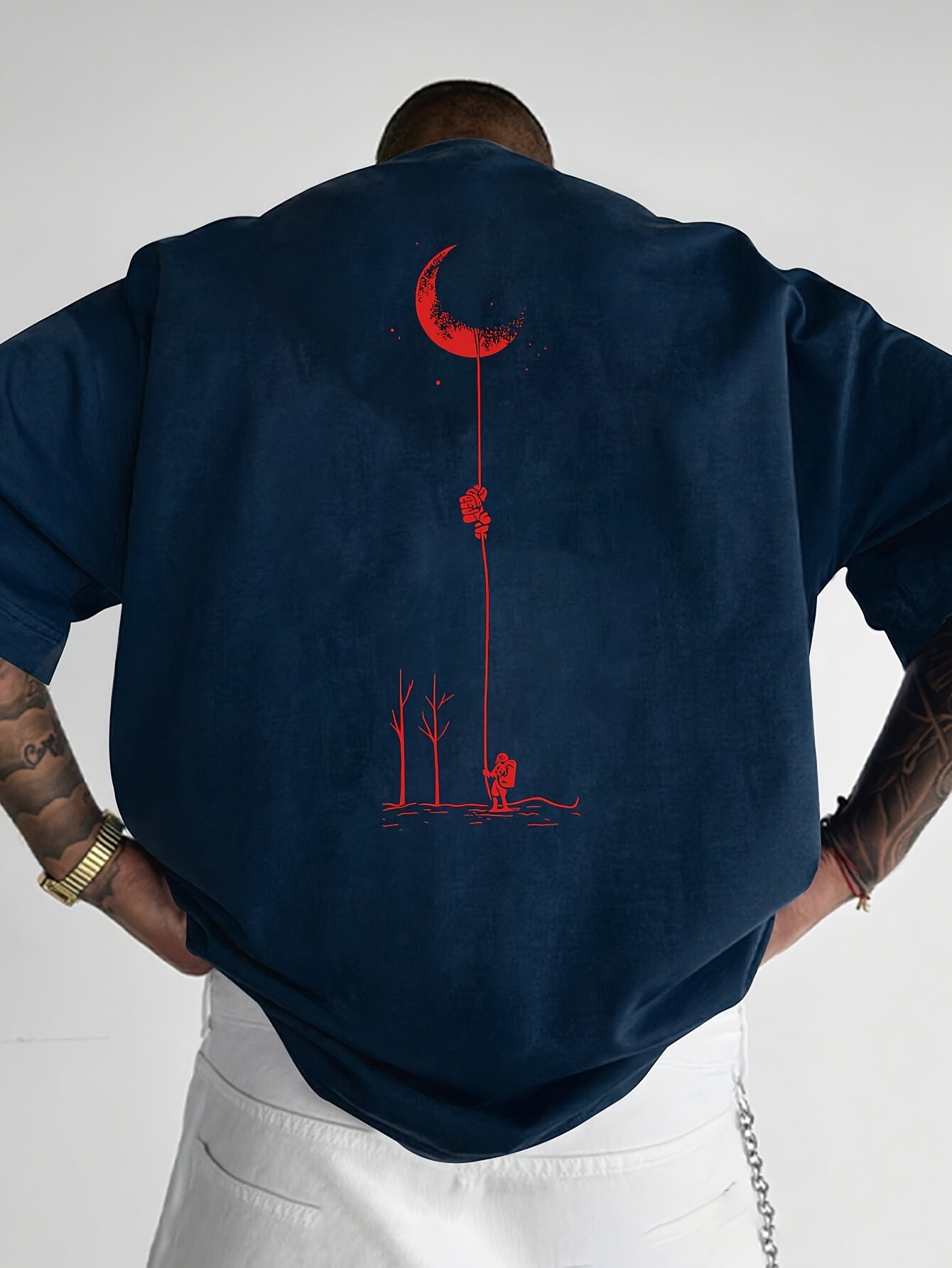 Moon and Trees Design Front & Back Graphic Crew Neck Cotton Summer Fashion Short Sleeve Casual Daily Style Top with Unique Geometric Pattern, Suitable for Spring/Summer Outdoor Activities