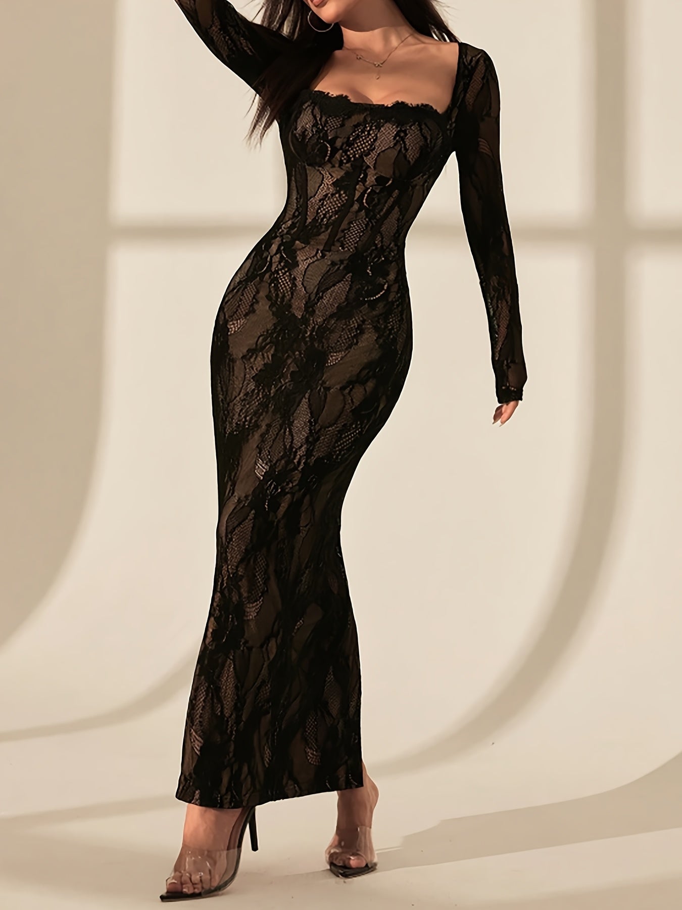 Women's Elegant Square-Neck Bodycon Lace Dress - Long Formal Party Wedding Guest Gown, Machine Washable - Long Dress with Full-Length Coverage, Non- Solid Color Elegant Partywear