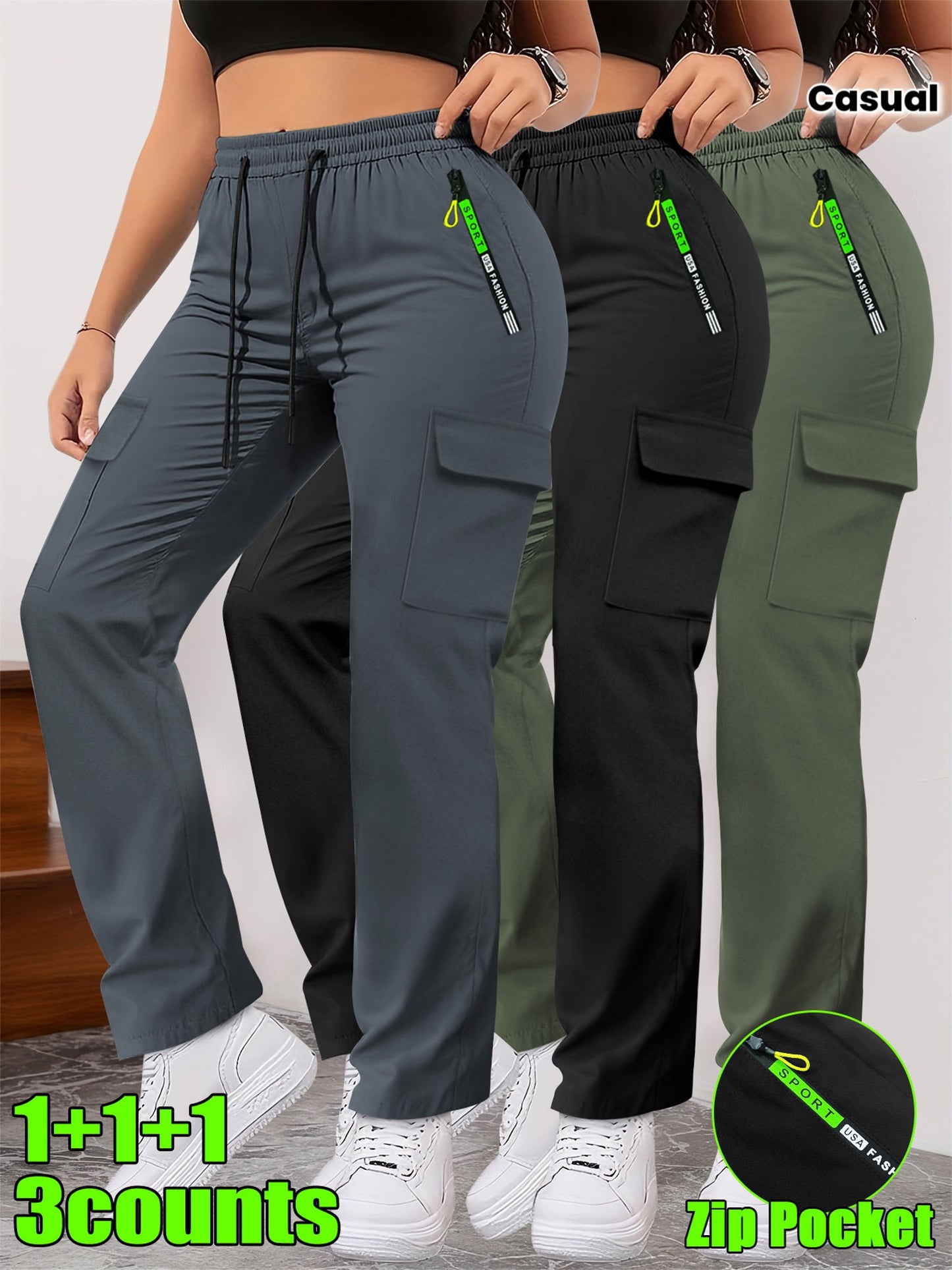 Lot de 3 Pantalons Femme– Poches Zippées et Cargo, Robustes, Sans Extensibilité, Printemps/Automne
