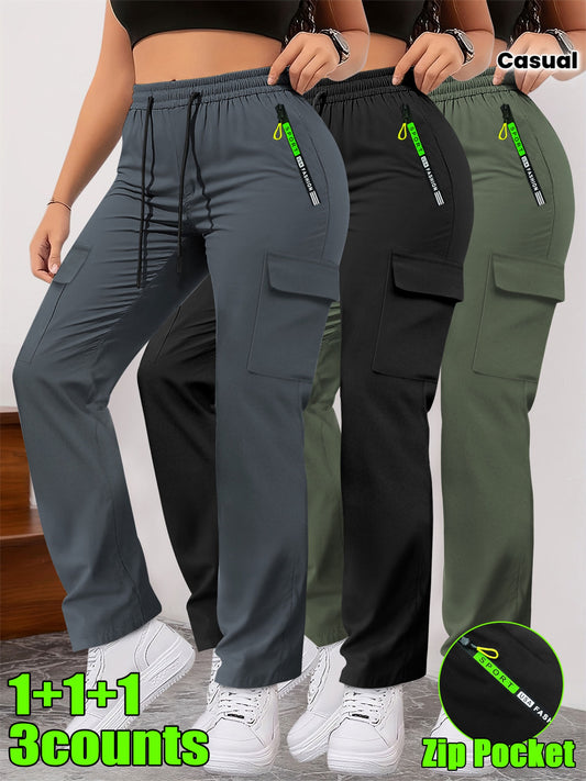 Lot de 3 Pantalons Femme– Poches Zippées et Cargo, Robustes, Sans Extensibilité, Printemps/Automne