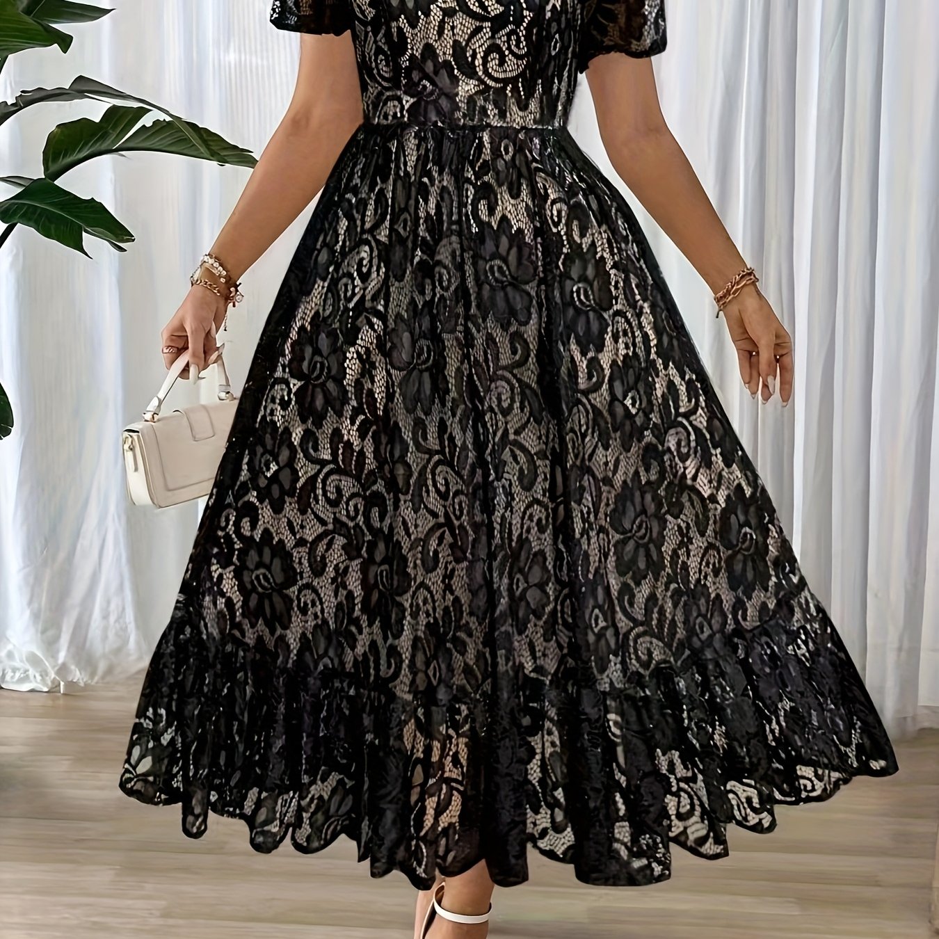 Robe Longue Grande Taille Élégante – Col Dentelle, Bas Smock, Couleur Unie Noire, Coupe A-Ligne, Idéale Soirées, Mariages et Événements Formels, Lavable en Machine