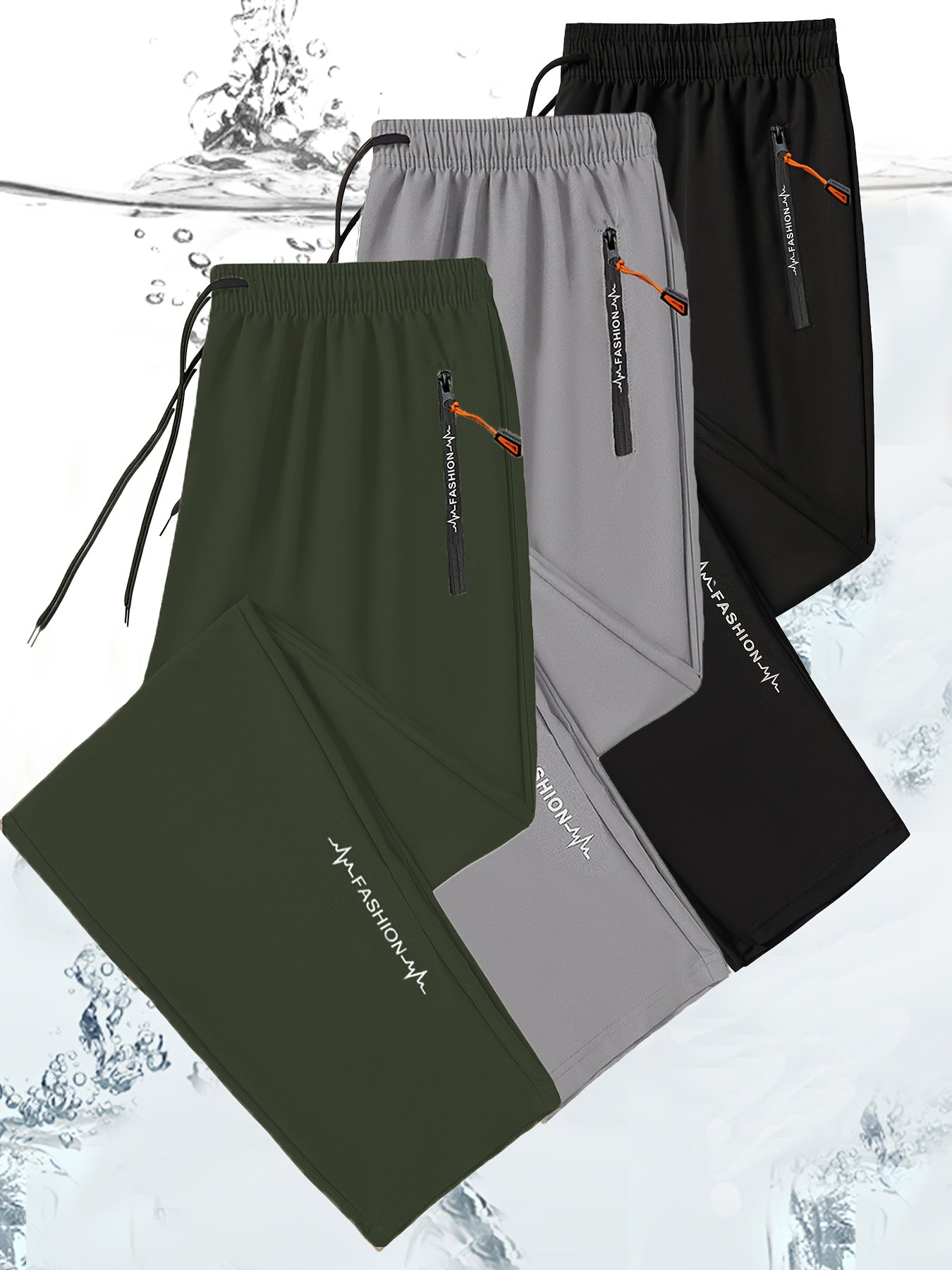 3pcs Pantalons Sport Homme – Tout Saison, Cordon, Poche Zippée, Olive, Gym & Casual