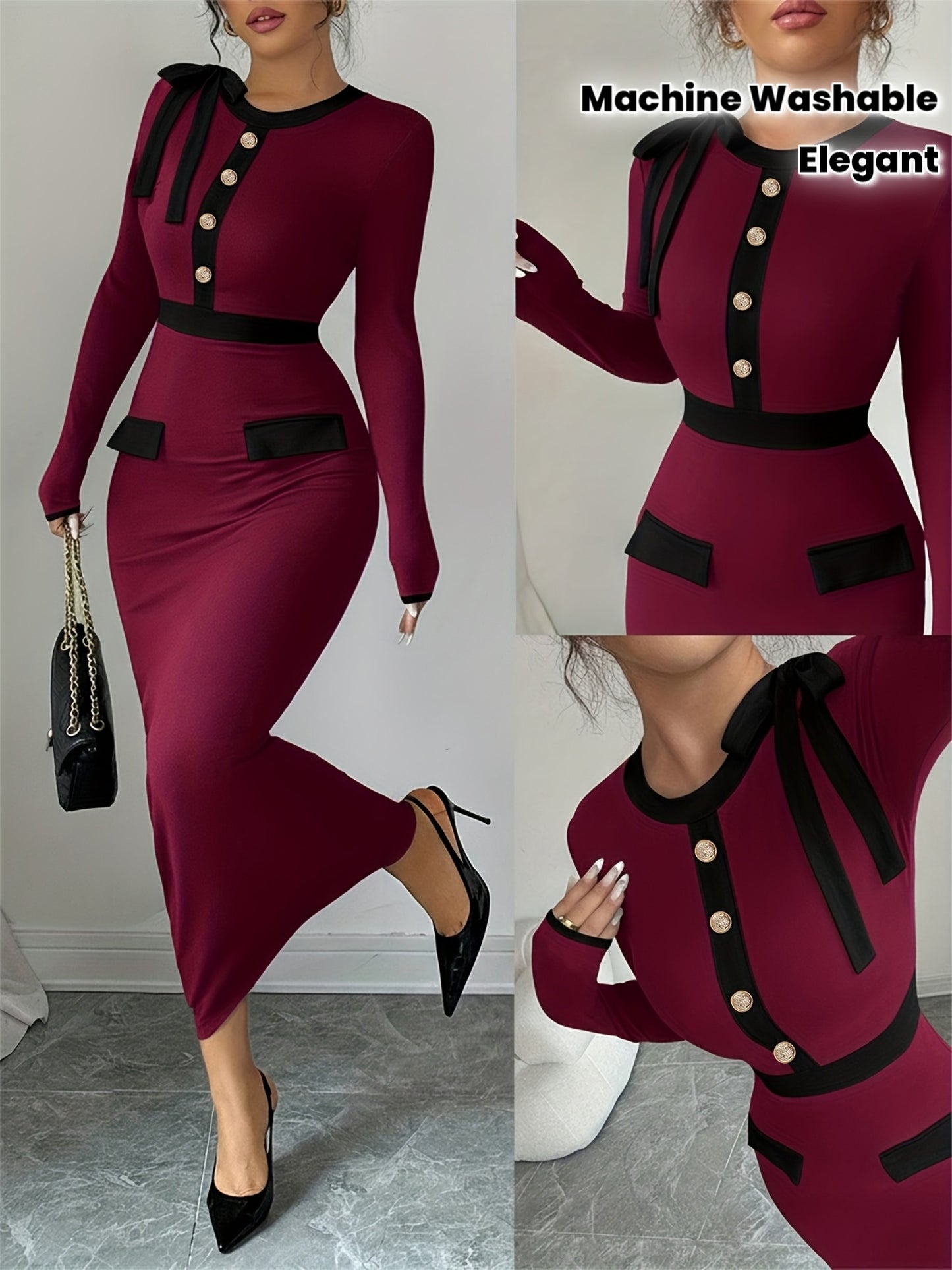 Women's Elegant A-Line Dress with Bow & Button Neckline - Black & White Contrast Long Sleeve Wedding Guest Dress, Church Dress, Year-Round Wear - Machine Washable A-Line Silhouette for Parties & Special Occasions (s)