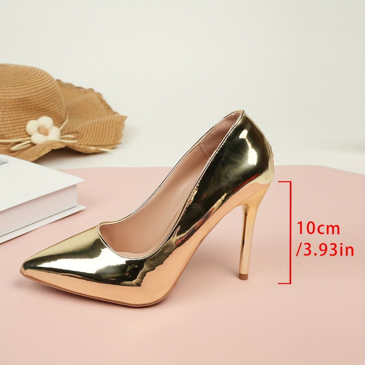 Escarpins Sexy à Talons Aiguilles pour Femme – Talon Ultra-Haut 10,01 cm, Bout Pointu, Couleur Unie, Finition Métallique Argentée ou Dorée, Toutes Saisons, Tige et Doublure en Polyuréthane, Semelle en Caoutchouc, Design Minimaliste