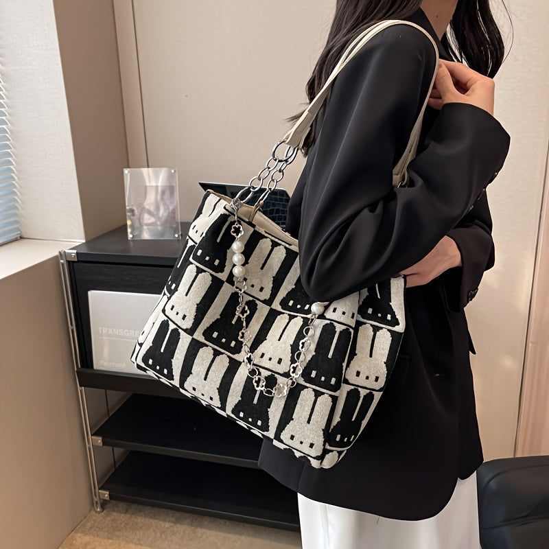 Sac Cabas Chic à Motif Lapin – Grande Capacité, Design Contrasté, Sac Décontracté à Porter à l’Épaule ou Sous le Bras, Fermeture Éclair