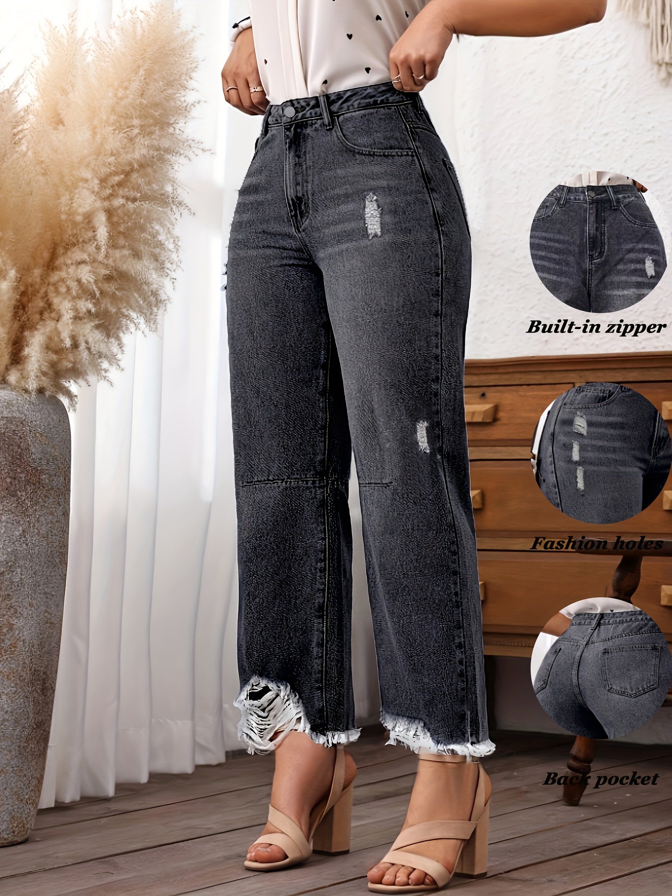 Jean en denim délavé non extensible pour femme - Coupe slim, taille mi-haute, poches obliques, ourlet déchiré avec revers usés et fermeture éclair intégrée, en tissu noir délavé