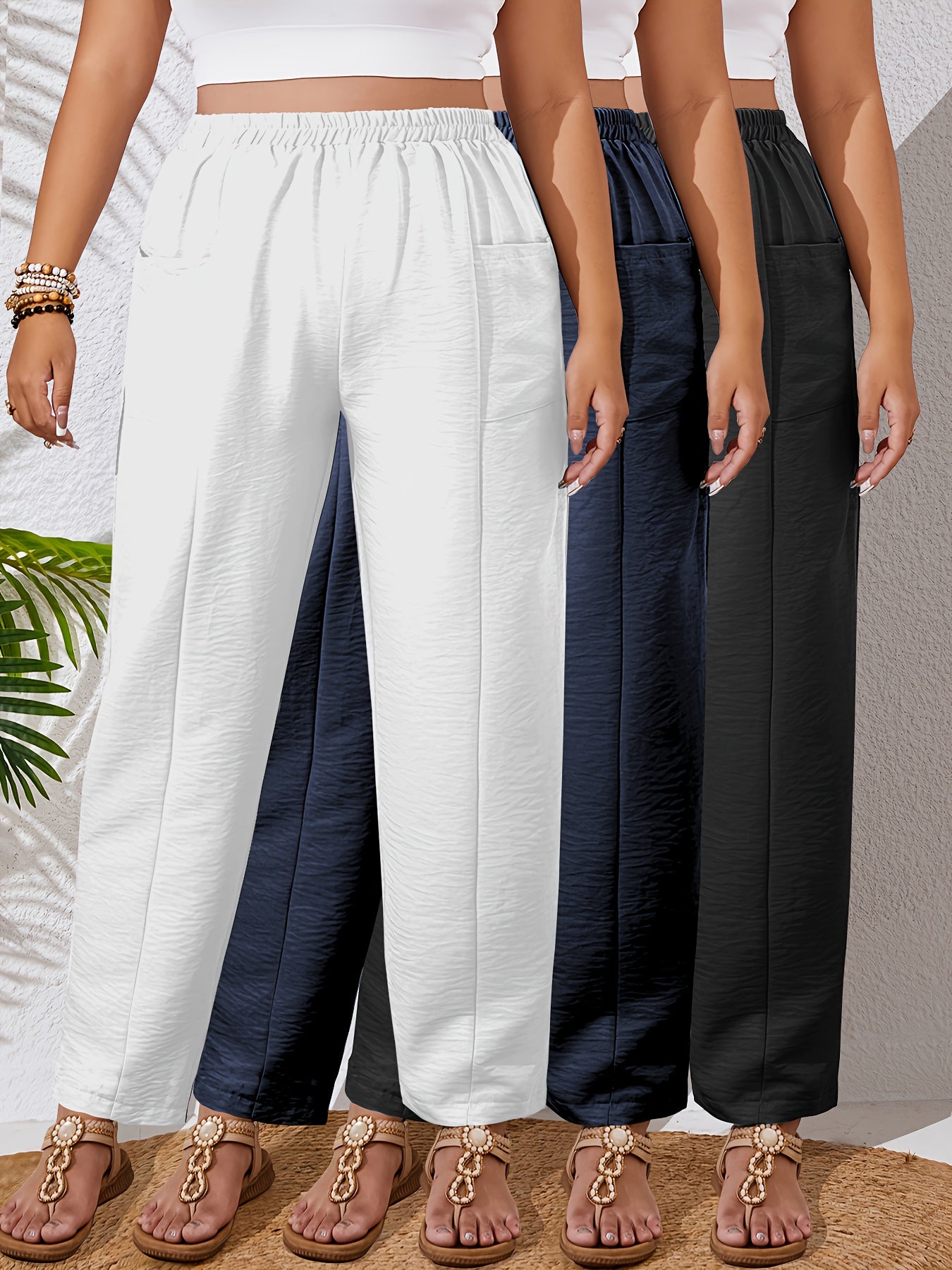 Lot de 3 Pantalons Femme Grande Taille – Taille Haute, Droits, Élastiques avec Poches, Couleur Unie, Tous Saisons