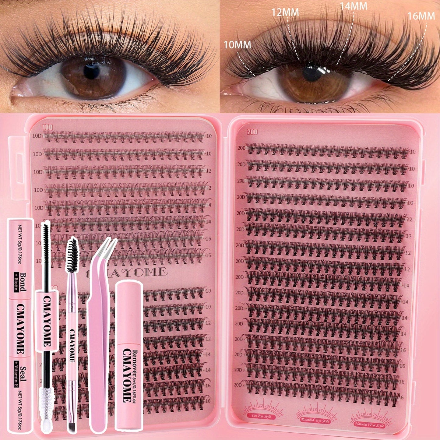Kit de cils faux 640/240 clusters – grande capacité, 3 densités (10D-30D), longueurs mixtes 8-18 mm, colle et outils inclus, durable et réutilisable, adapté aux débutants et DIY