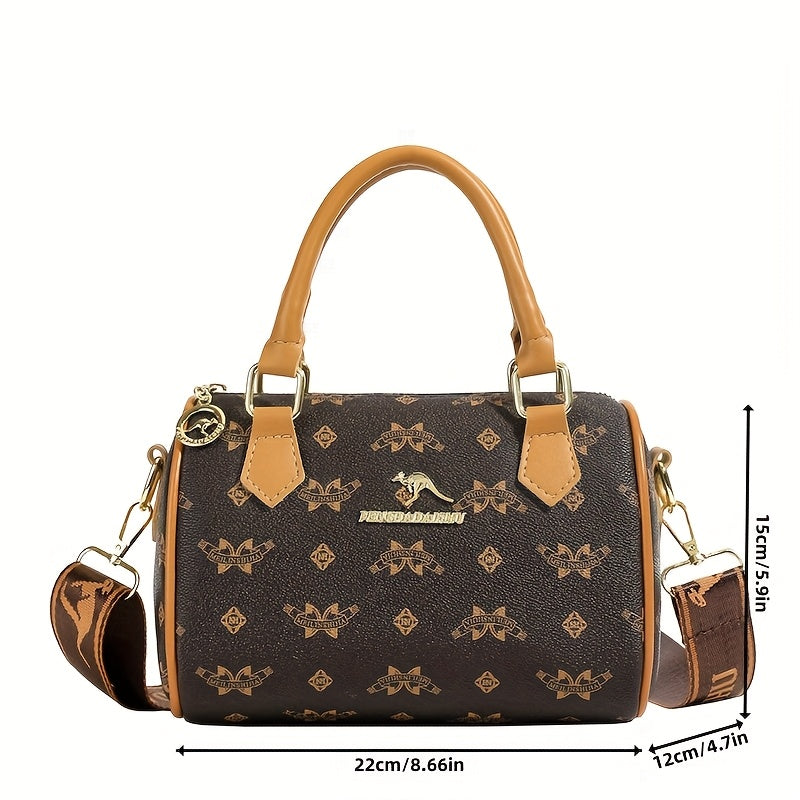 Sac vintage géométrique – sac élégant bicolore marron et blanc, bandoulière réglable, fermeture éclair, design rétro chic