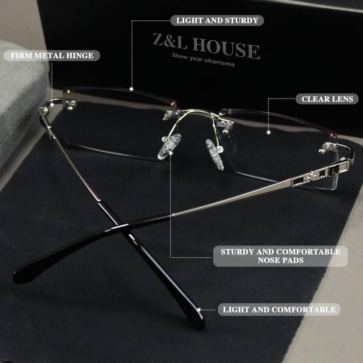 Premium Rimless Reading Glasses, High Definition Lenses - Men's fashionable presbyopia glasses with unique decorative temples, including glasses case and lens cloth, comfortable to wear, gift choice, also suitable f