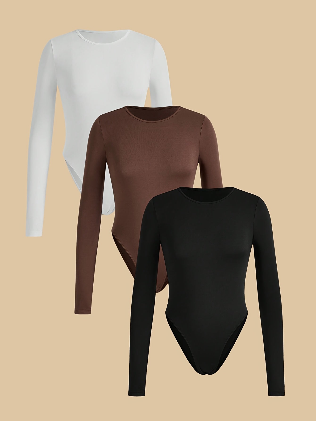 Lot de 3 bodys femme à manches longues, col rond, couleur unie, en maille polyester (95 %) et élasthanne (5 %), tissu extensible, style décontracté, manches régulières, adapté à toutes les saisons, grammage 180 g/m²