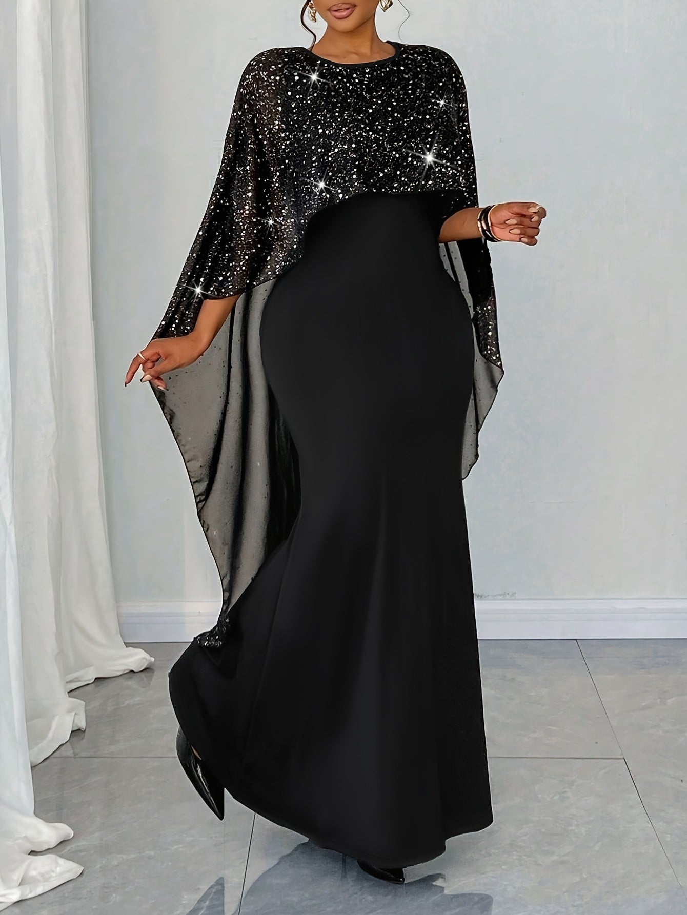 Elegant Black Sequin Cape Dress for Women - Bodycon Mermaid Gown with Flowing Cape Sleeves, Perfect for Parties & Formal Events, Formal Event Attire|Sequin Embellished Dress|Polyester Fabric