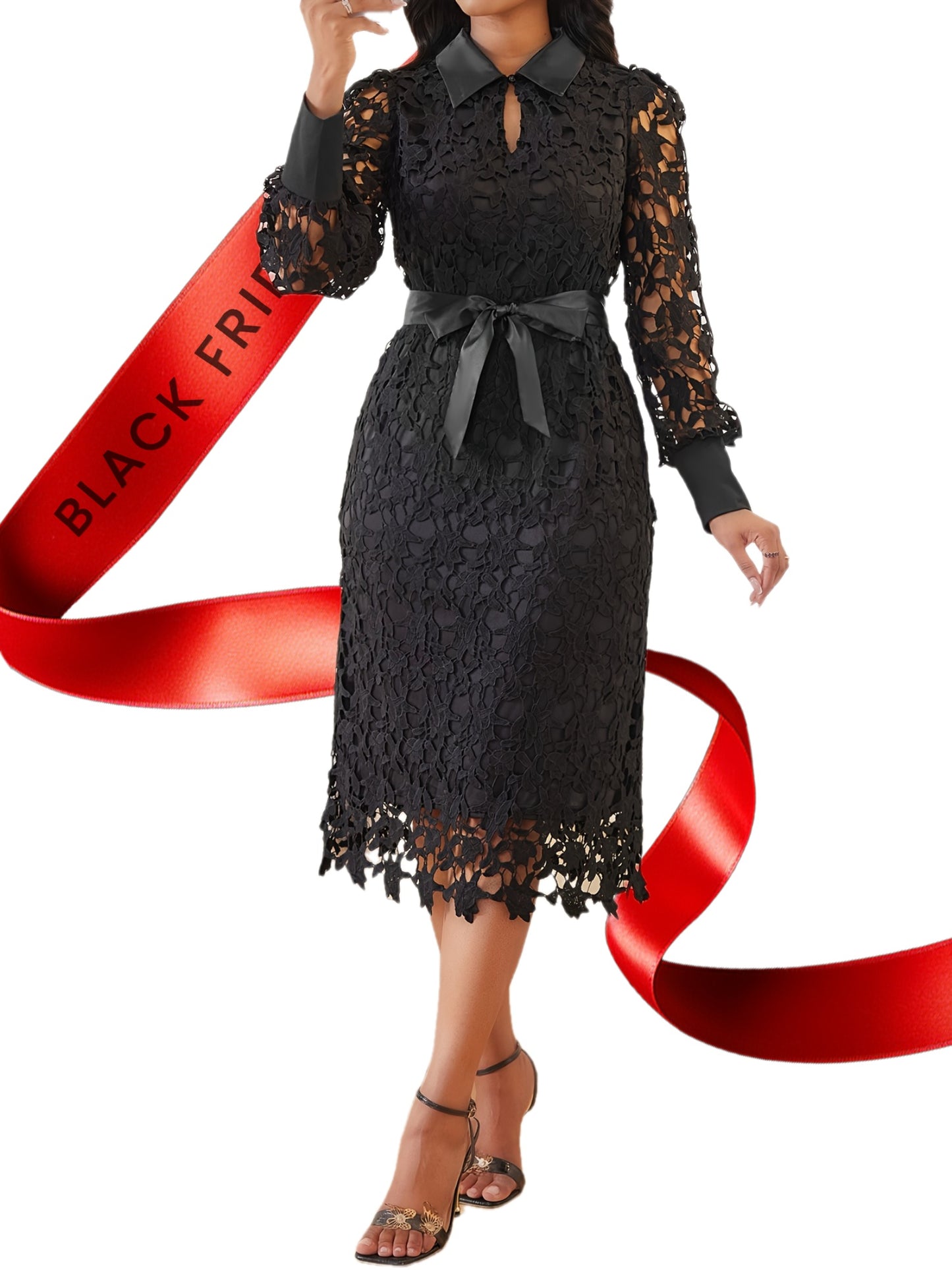 Robe Femme Élégante Noire en Dentelle – Col et Ceinture à Nouer à la Taille, Manches Longues, Coupe A-Line Mi-Longue