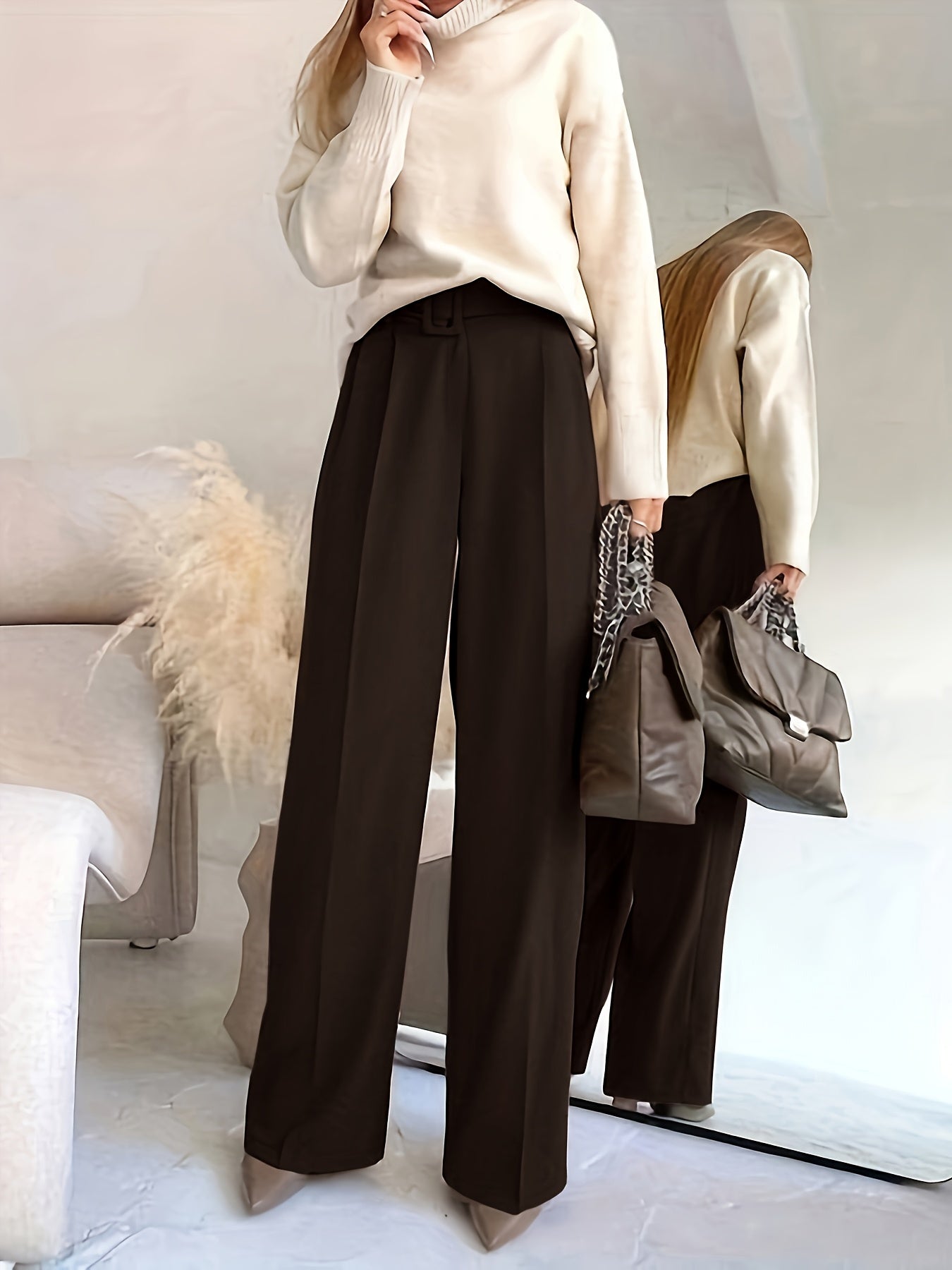 Pantalon Femme Élégant Jambe Droite – Polyester, Ceinturé, Couleur Unie, Confortable, Bureau et Décontracté, Printemps/Automne