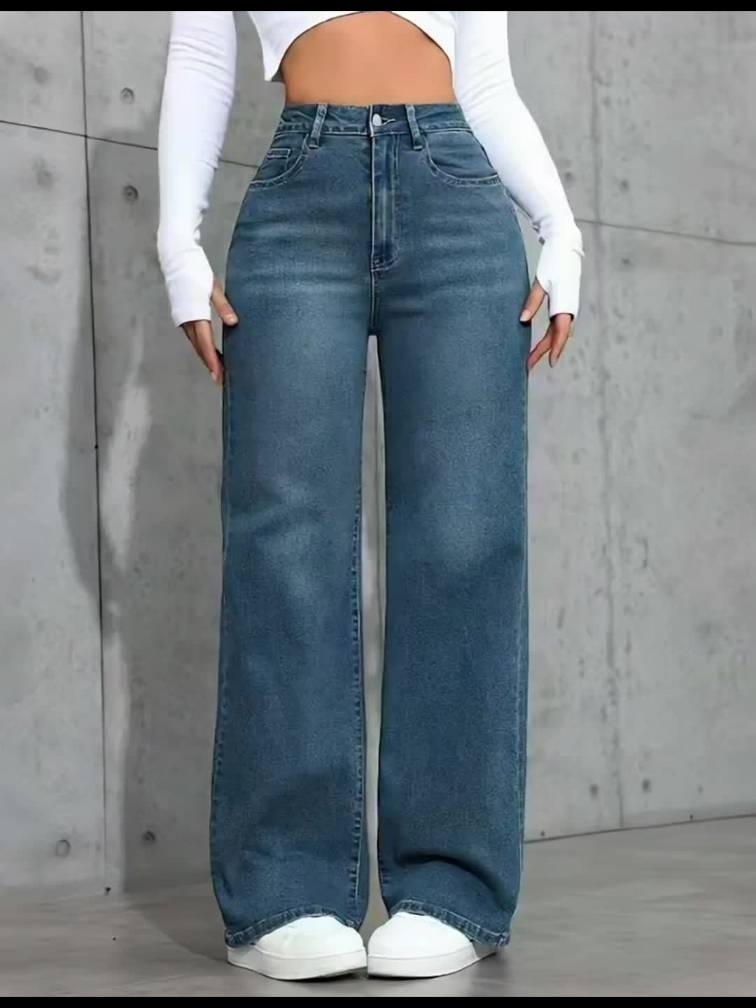 Jeans Femme Bleu – Taille Haute, Extensible, Jambe Droite Décontractée et Polyvalente