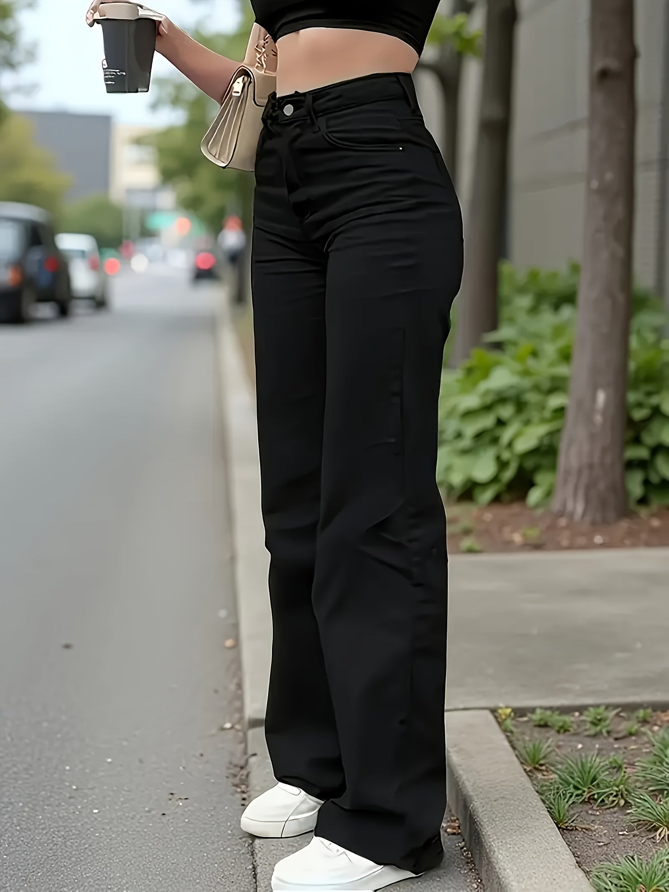 Jeans Femme Taille Haute – Jambe Droite Extensible, Denim Mi-Taille avec Contrôle du Ventre, Détail Boutons, Couleur Unie Noire, Confort Toutes Saisons, Coupe Droite Élégante, Jeans Polyvalents pour Quotidien