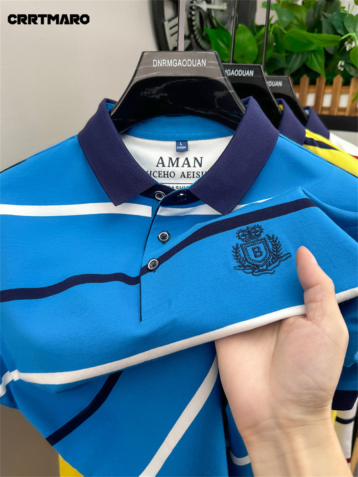 Men's Short Sleeve Shirt - Summer Striped Embroidered Logo, Vibrant Yellow & Navy, Breathable Regular Fit Casual Button-Up for Office & Leisure