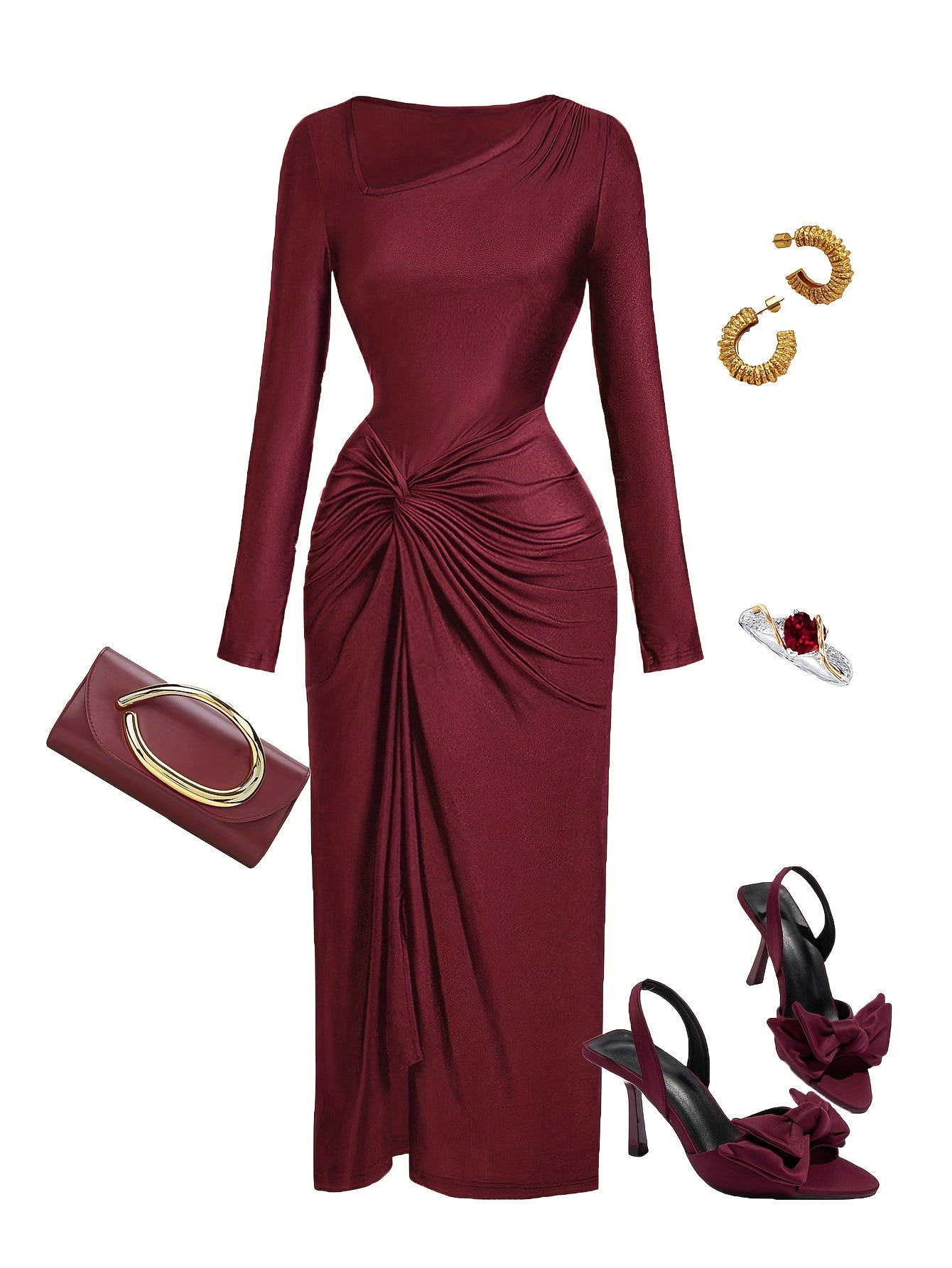 Robe Femme Élégante à Col Irrégulier — Manches Longues, Couleur Unie, Parfaite pour Soirées, Sorties et Rendez-vous