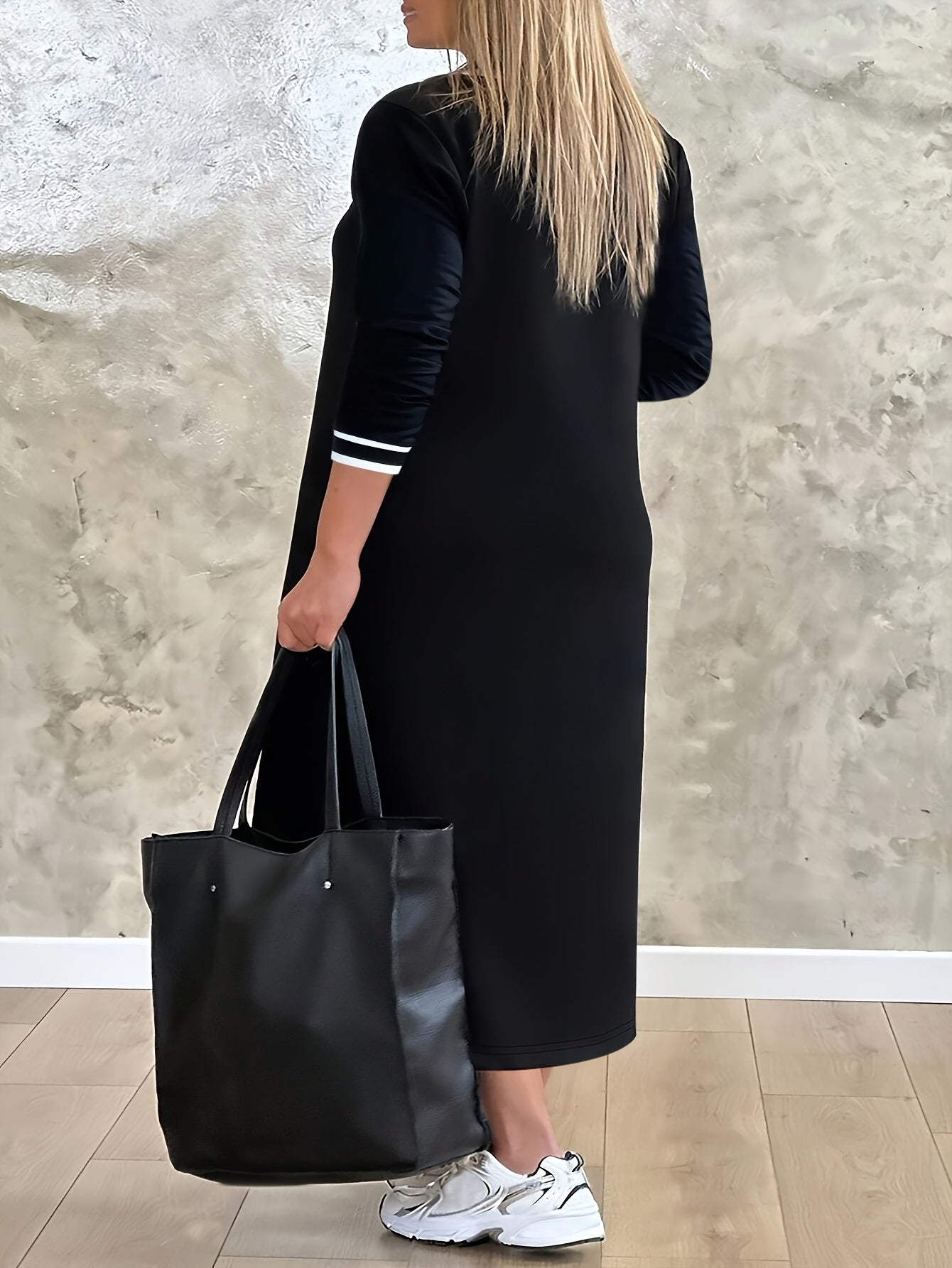 Robe Grande Taille – Col V, Manches Longues, Coupe Ample A-Ligne, Ourlet Fendu, Style Décontracté