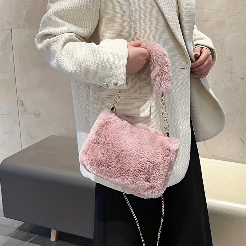 Sac à Main Femme Automne/Hiver – Sac Bandoulière Tendance en Peluche, Sangle Réglable, Petit Sac Carré Léger et Stylé, Fermeture Éclair, Doublure Synthétique, Disponible en 5 Couleurs
