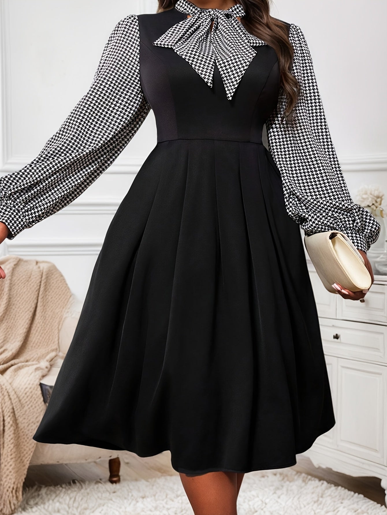 Plus Size - Plus-Size Women'S Elegant Houndstooth Patchwork Long-Sleeve Dress with a Bow Tie And Cinched Waist.