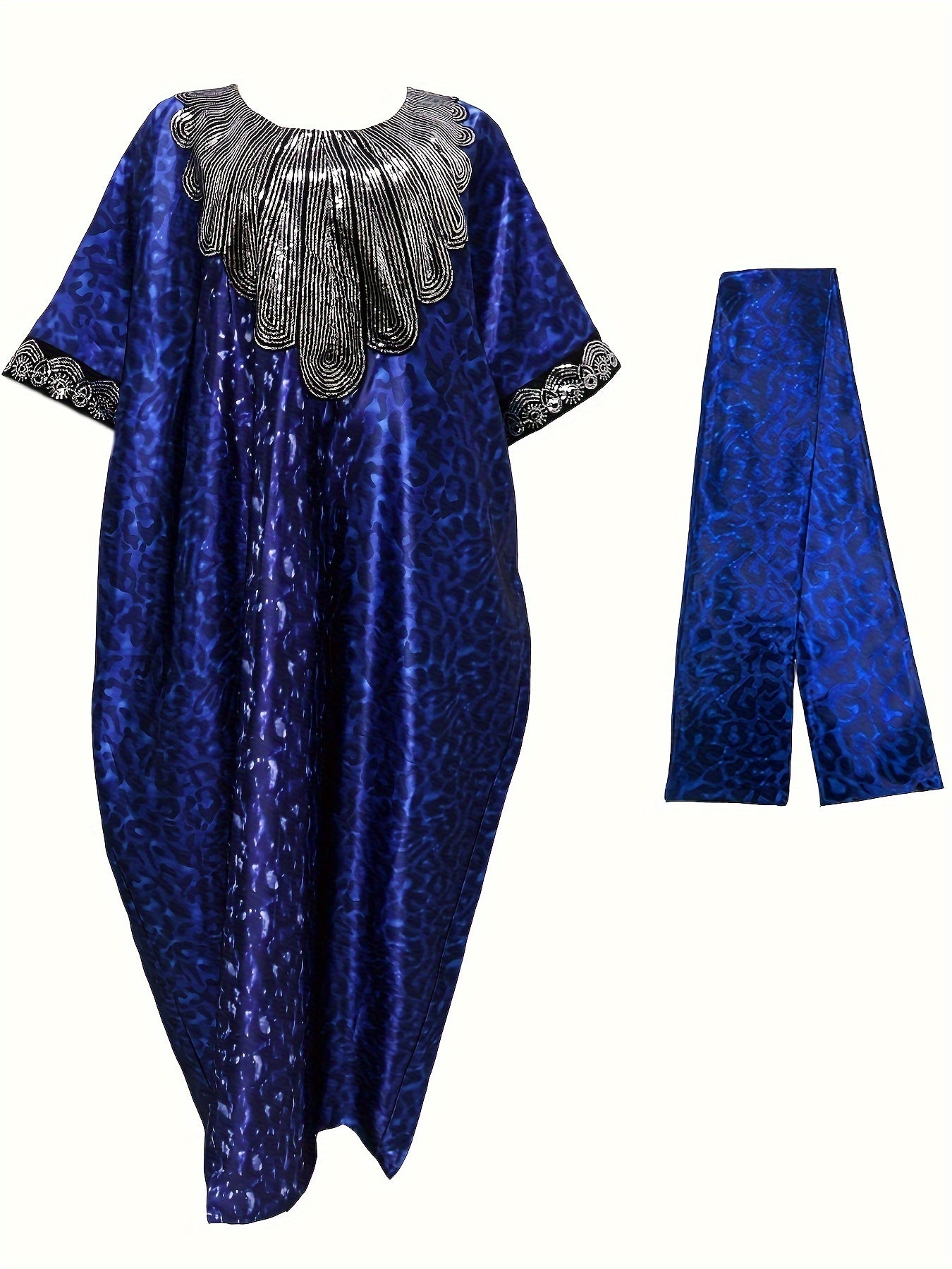 Robe Kaftan Turque Moyen-Orient – Ornée de Sequins, Manches Chauve-Souris et Foulard, Longueur Sol, Imprimé Intégral, Tissu Non Extensible, Parfaite pour Mariages, Fêtes et Événements Culturels