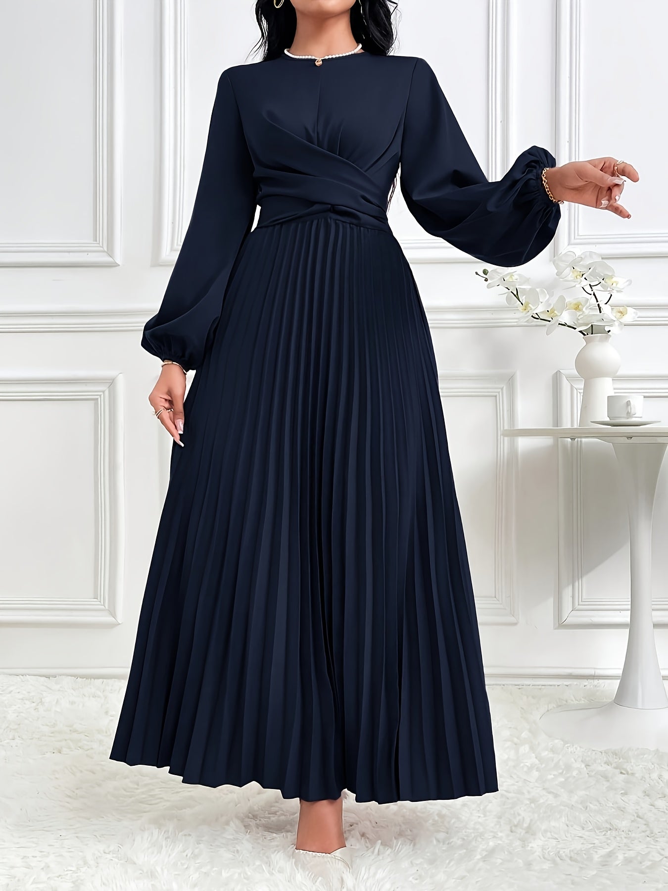 Women's Solid Color Lantern Sleeve Ruffled Elegant Arabic Dress