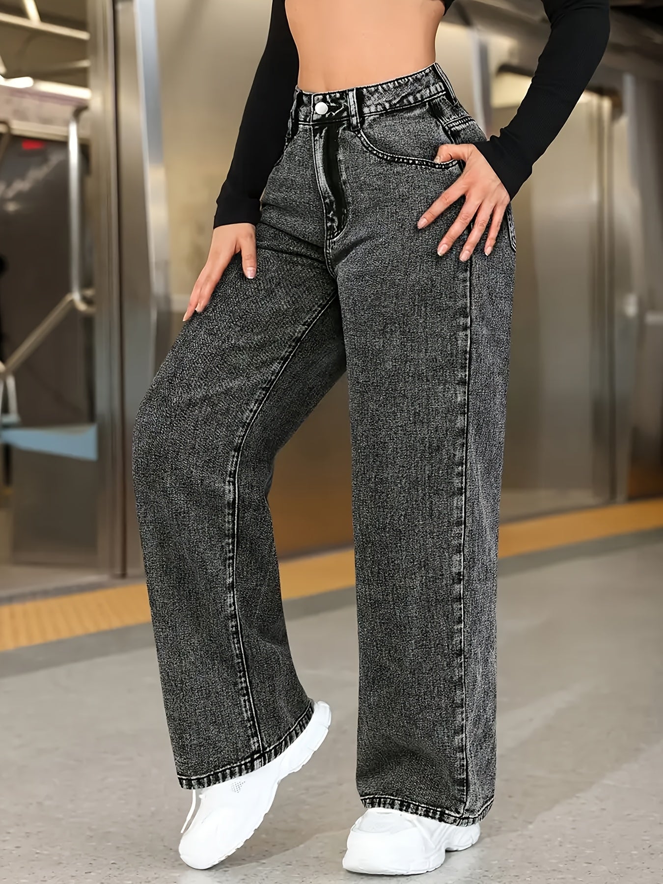 Jeans Femme Taille Haute Jambe Droite Extensible Confort Classique Effet Snowflake Élégant Toute Saison Poches Durable