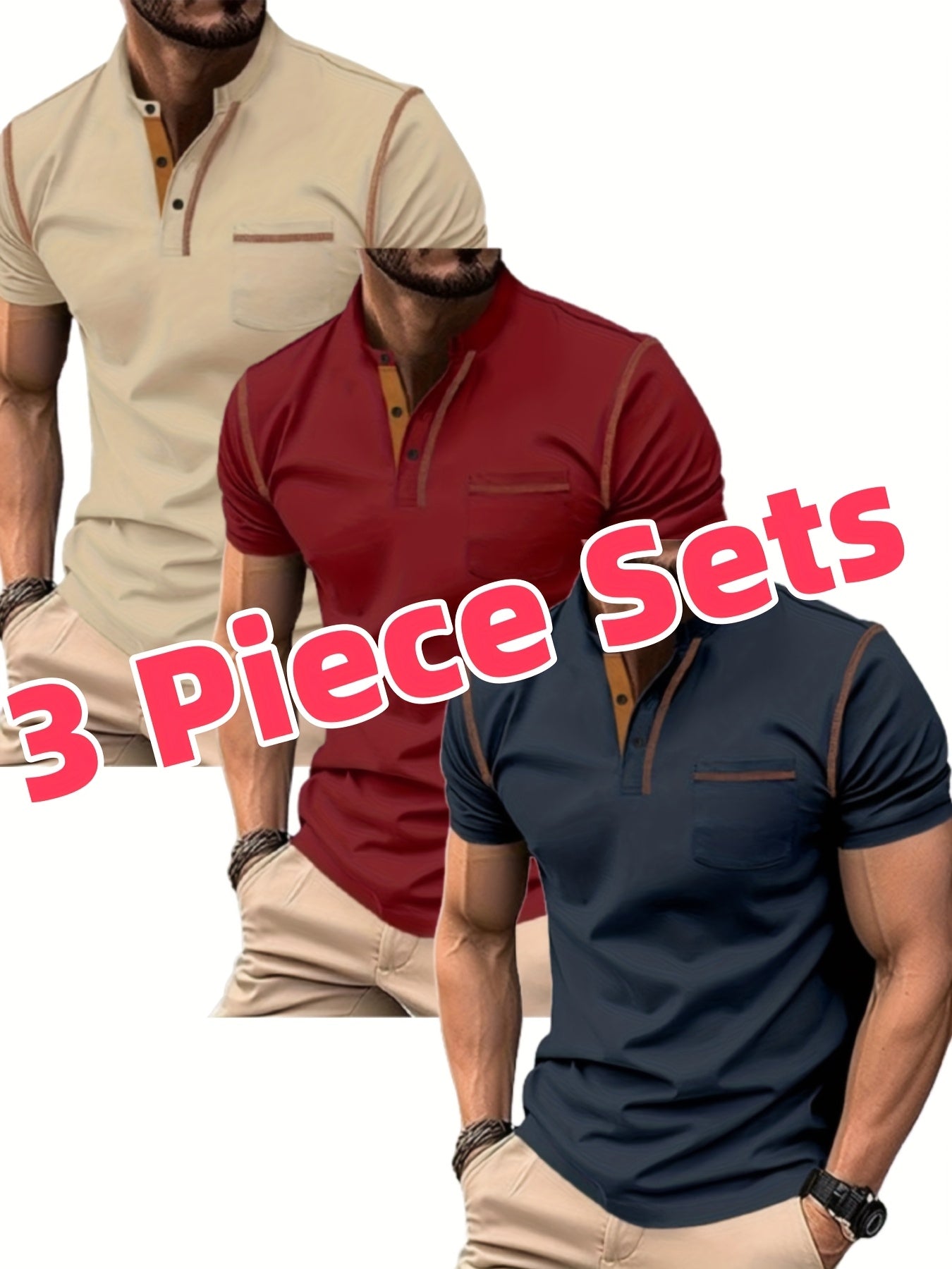 Lot de 3 Henley Manches Courtes – Tops Casual Golf & Tennis