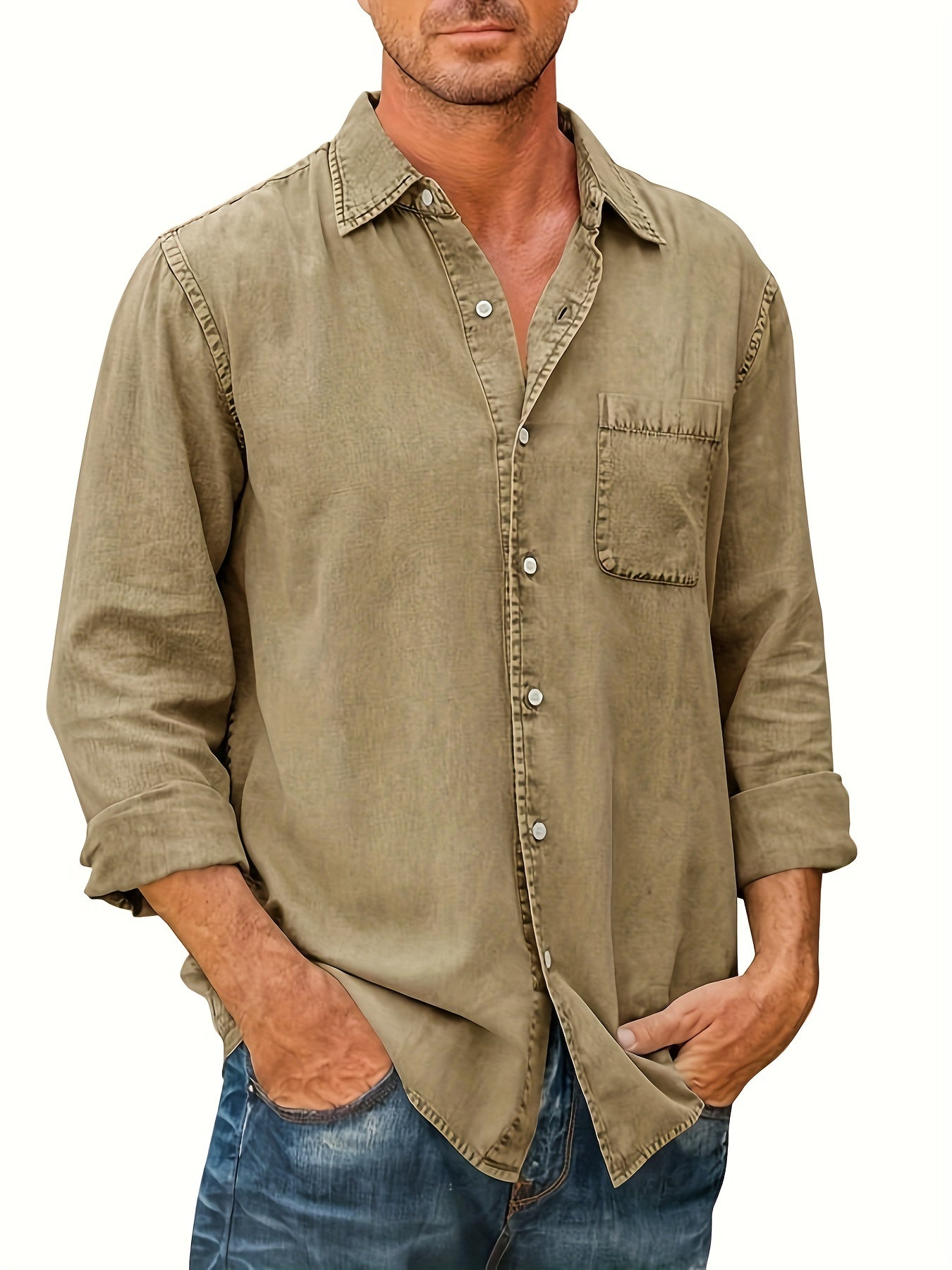 Plus Size Men's Solid Denim Shirt For Spring Fall, Casual Fashion Long Sleeve Shirt