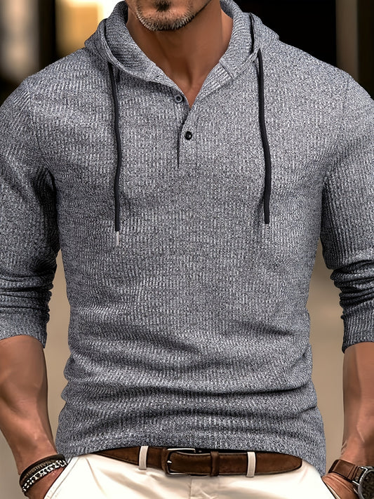 Men's Ribbed Long Sleeve Hooded Henley Shirt, Casual Trendy Buttons Tops For Autumn And Winter