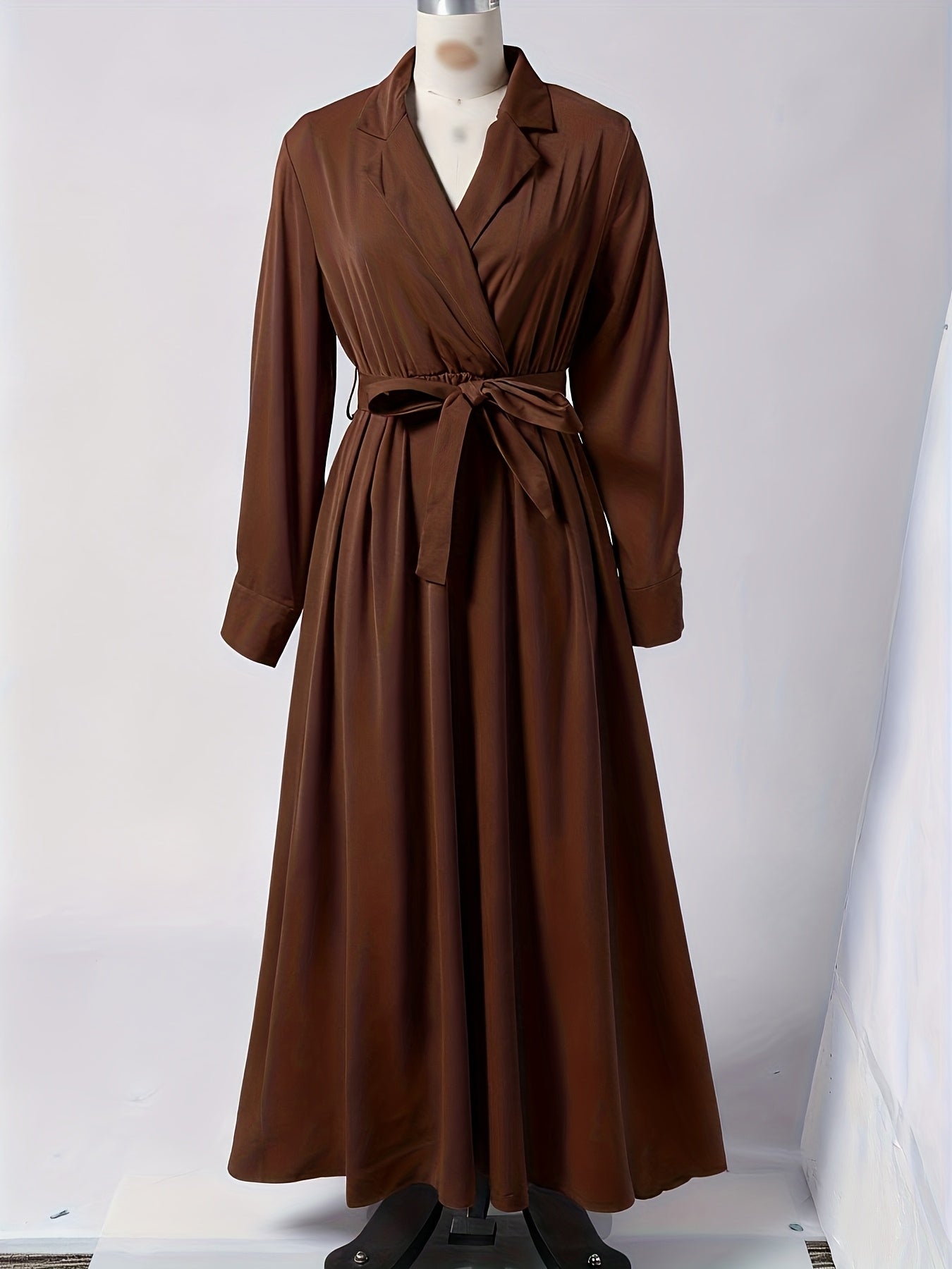 Women's Elegant A-Line Maxi Dress with Collar & Lace-Up Waist - Solid Color Formal Wedding Party Dress, Long Sleeve Flowing Flared, Machine Washable (Elegant Special Line Collection)