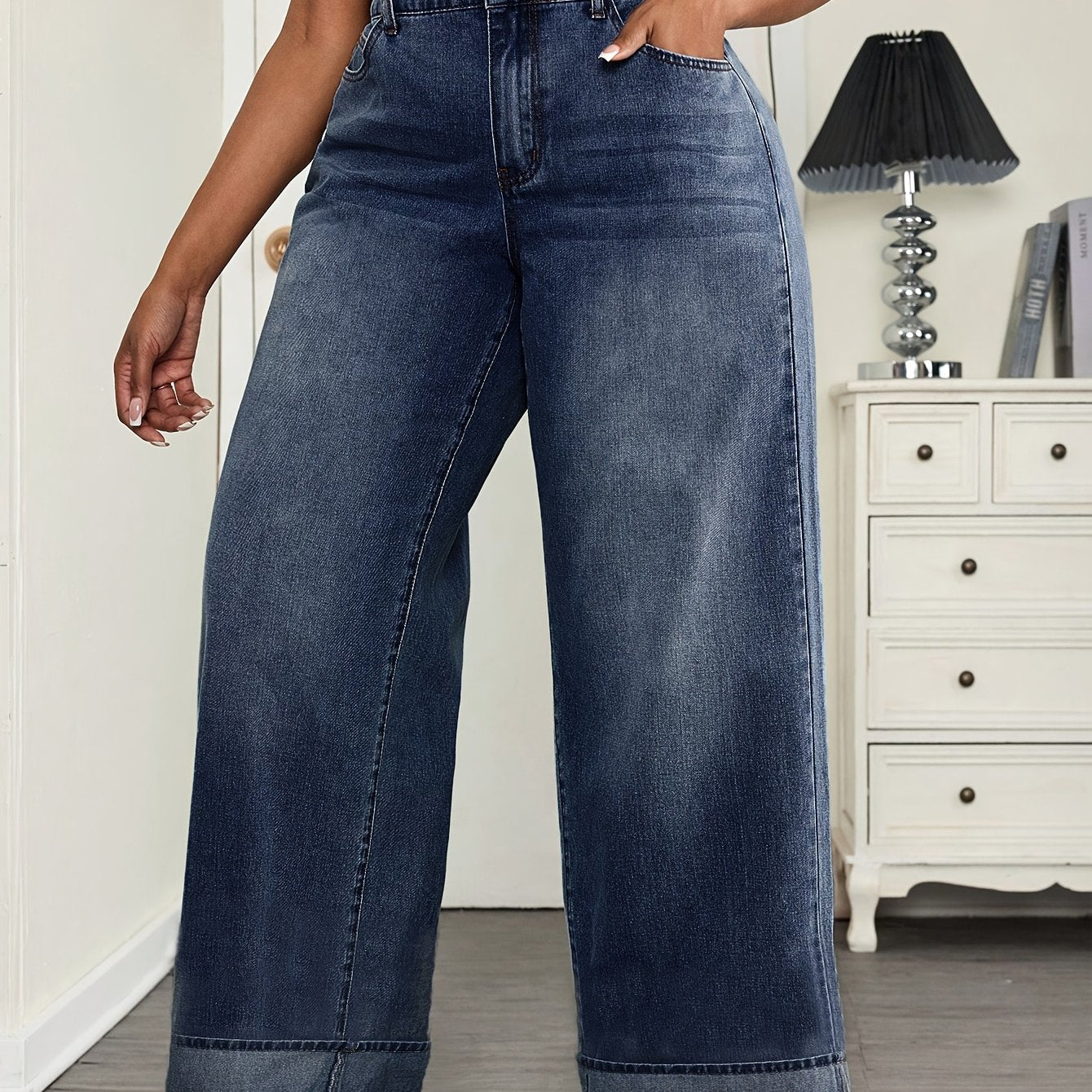 Jeans Femme Grande Taille Jambe Droite Bleu Foncé Non Extensible Fermeture Zippée Toute Saison Polyvalent