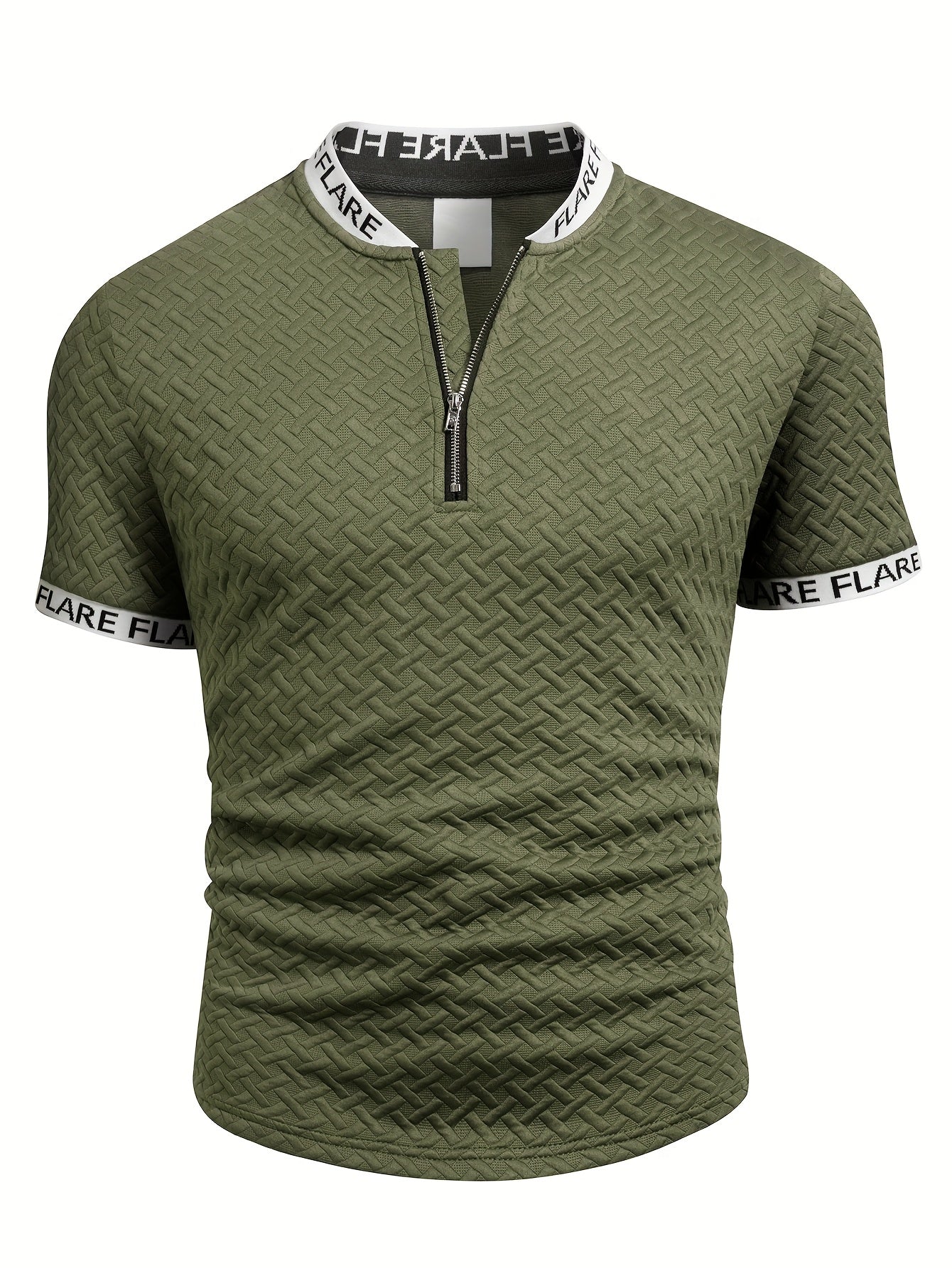 Men'S Casual Short Sleeve Polo Shirt with Stand Collar & Zipper Detail - Olive Green, Breathable Summer Top for Casual Attire, Casual Attire, |stand Collar Shirt|zipper Closure Shirt