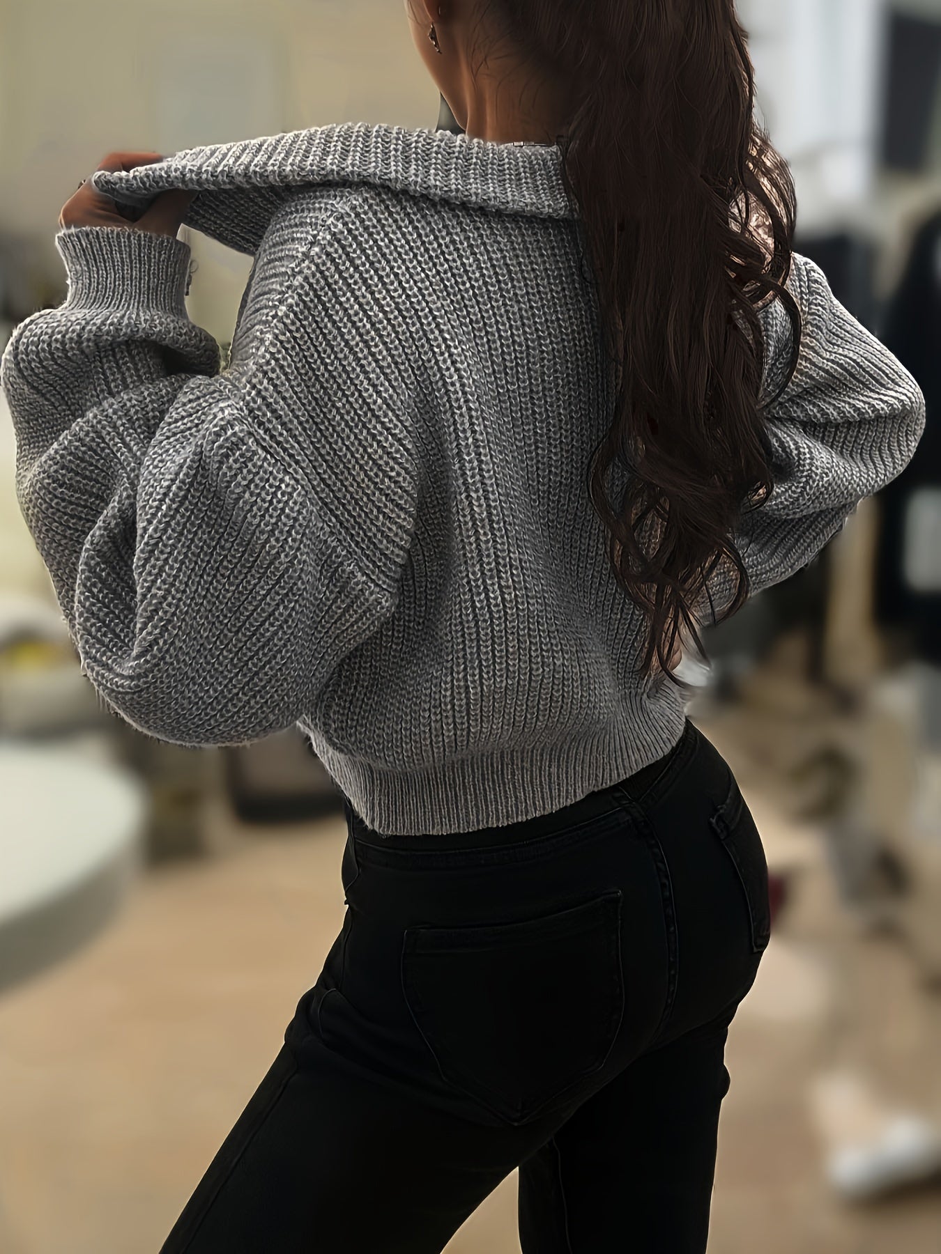 Pull court femme automne-hiver à demi-zip et manches lanterne – Pull côtelé élégant, coupe slim, tissu stretch mi-épais, lavable en machine, style décontracté chic, détail côtelé plié