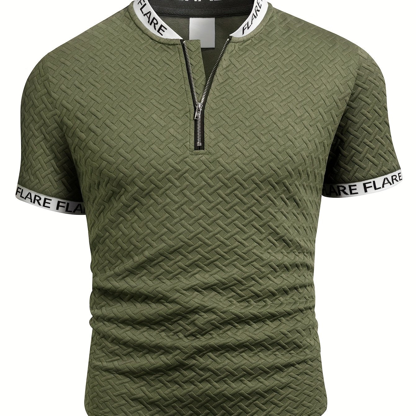 Men'S Casual Short Sleeve Polo Shirt with Stand Collar & Zipper Detail - Olive Green, Breathable Summer Top for Casual Attire, Casual Attire, |stand Collar Shirt|zipper Closure Shirt