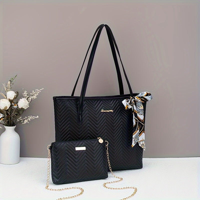 Ensemble deux pièces élégant – sac fourre-tout embossé motif vague avec compartiment tablette, sac bandoulière pour trajets quotidiens, léger, fermeture zippée, simili cuir noir/blanc, plat et portable