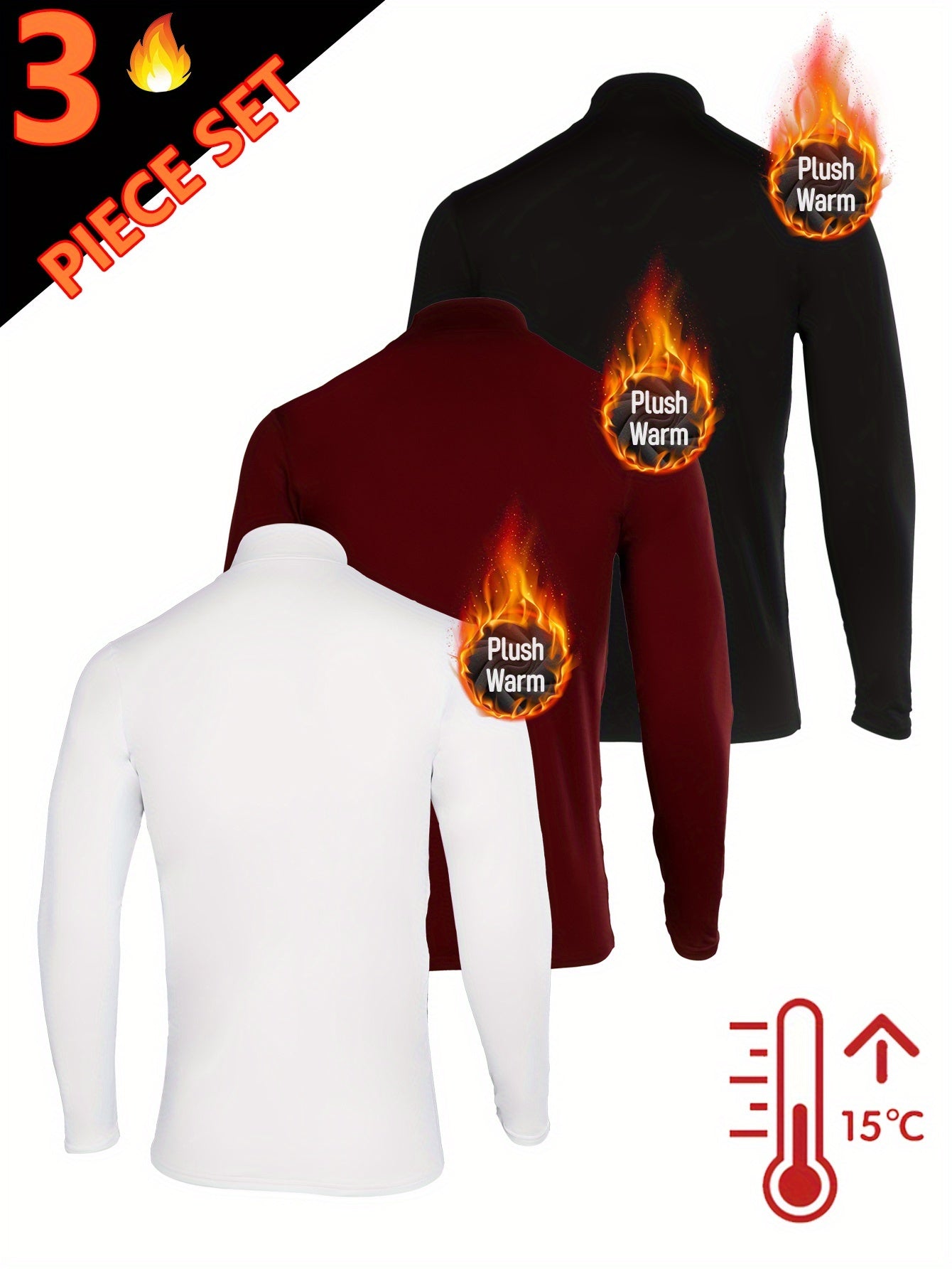 3pcs Sous-Vêtements Thermiques Homme – Col Montant Manches Longues