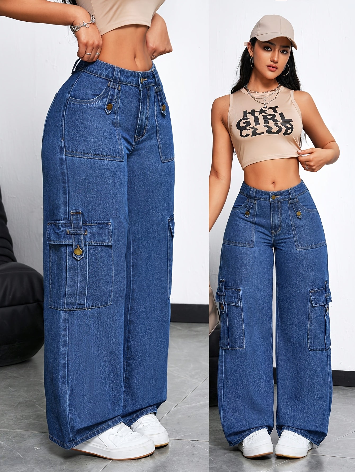 Jeans Femme Taille Haute – Jambe Large, Denim Extensible, Multiples Poches, Bleu Clair Effet Usé, Style Streetwear Décontracté