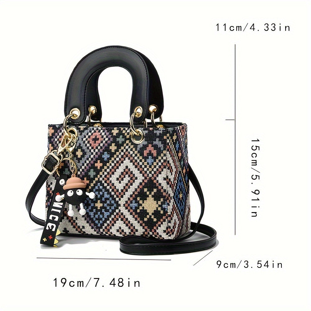 Sac à bandoulière tissé – petit, pendentif poupée, grand compartiment