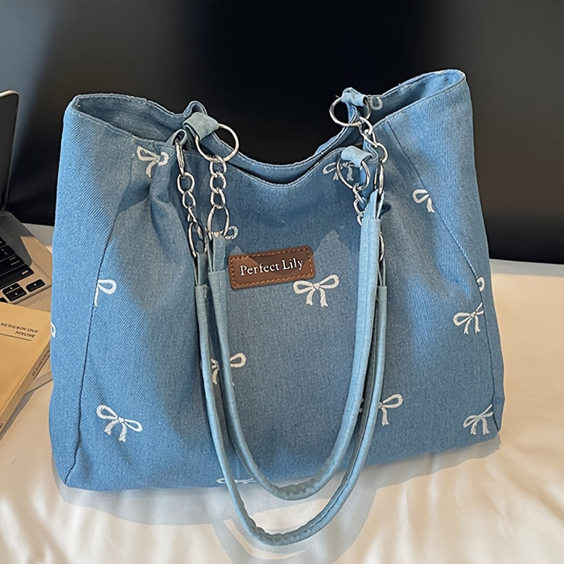 Sac Cabas Femme– Bandoulière Chaîne Fixe, Broderie Nœud, Fermeture Zippée Durable, Idéal Quotidien, Shopping et Sorties – Bleu Clair / Bleu Foncé, Idée Cadeau Élégante