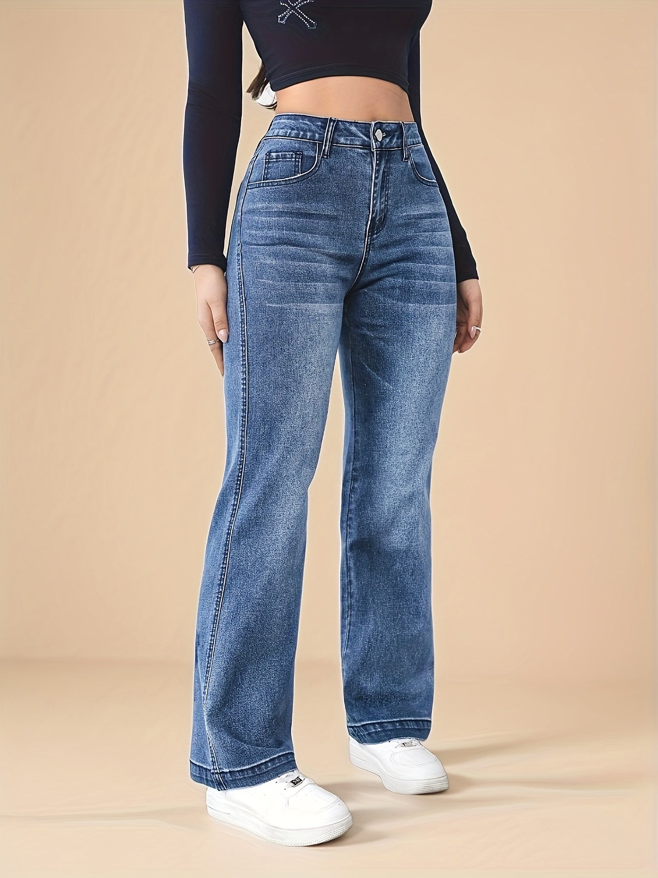 Jean droit stretch pour femme, pantalon décontracté bleu avec poches, confortable et élégant en toutes saisons, lavable en machine