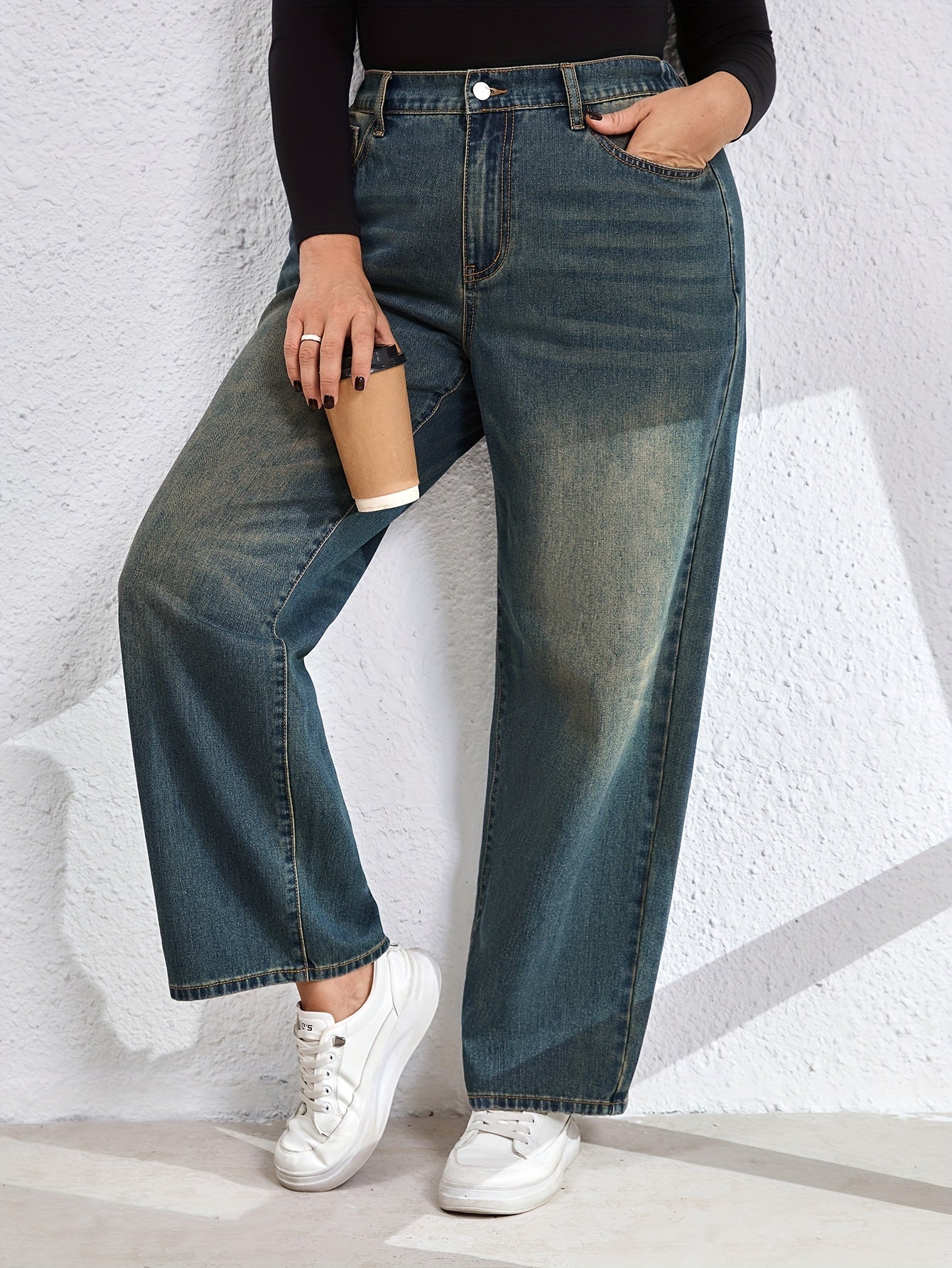 Jeans Femme  Vintage Effet Usé Jambe Droite Non Extensible Boutons Décontracté Automne/Hiver Streetwear Durable